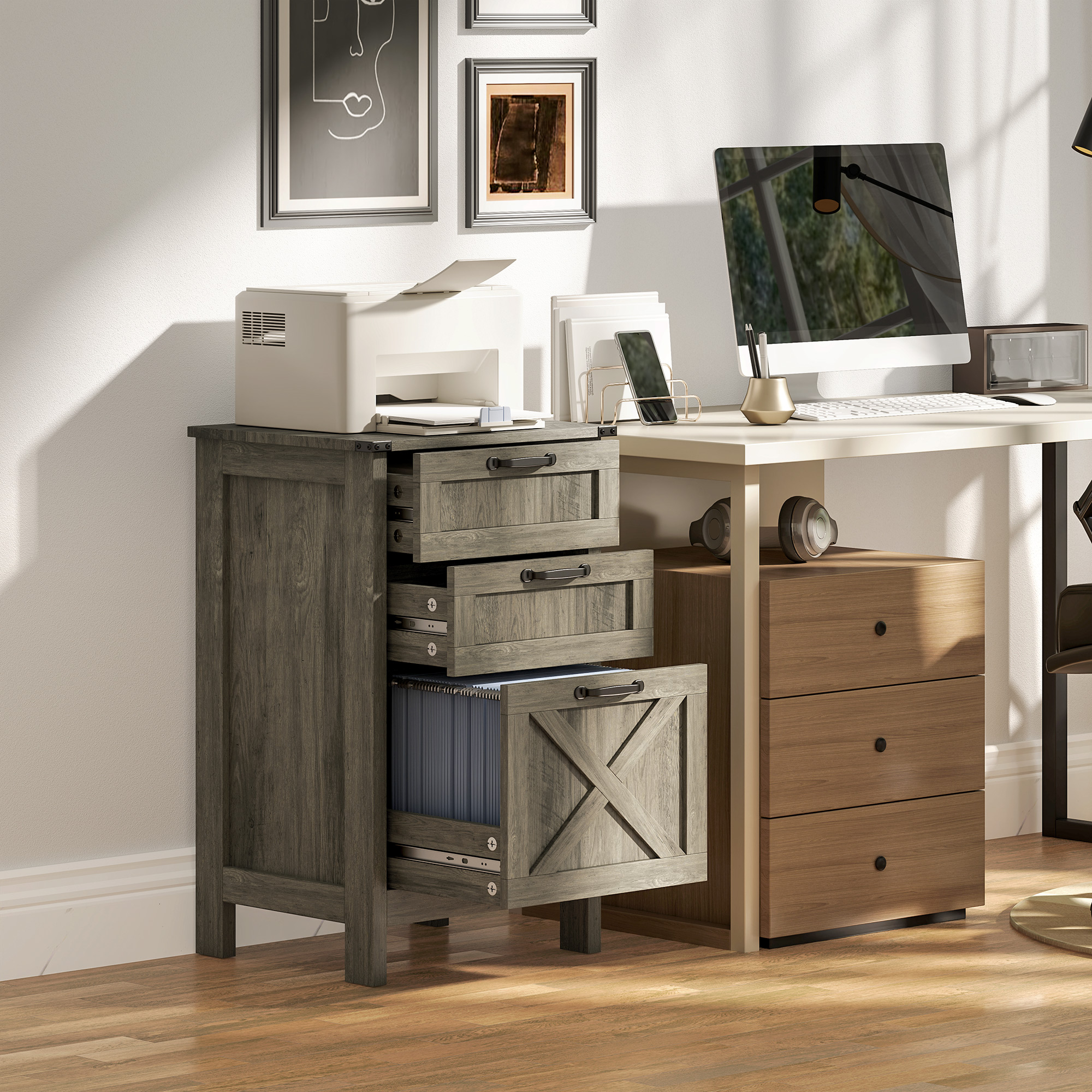 HOMCOM Vertical Filing Cabinet with 3 Drawers, Rustic Farmhouse Office Storage Cabinet for A4, Letter Size, Grey Wash Aosom Canada
