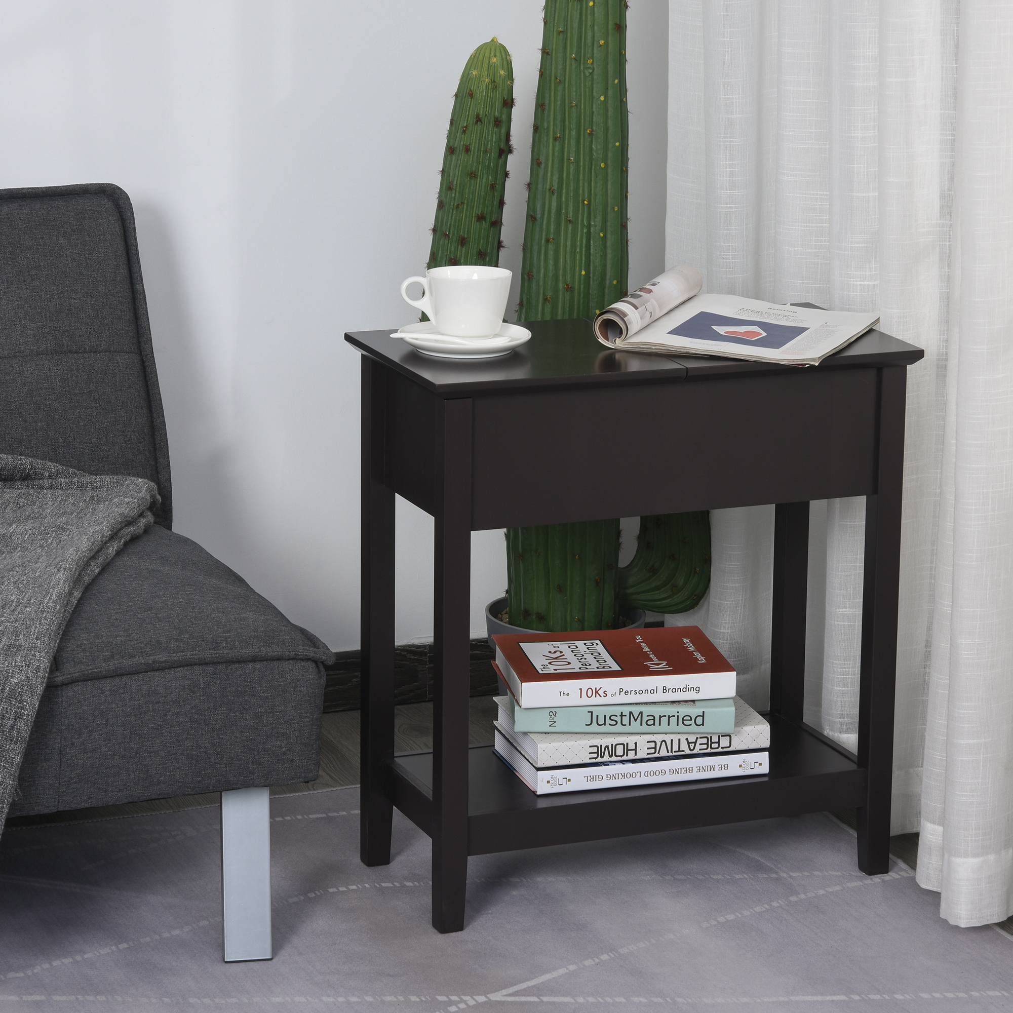 HOMCOM End Side Table, Flip Top Design with Storage Hinge Cabinet