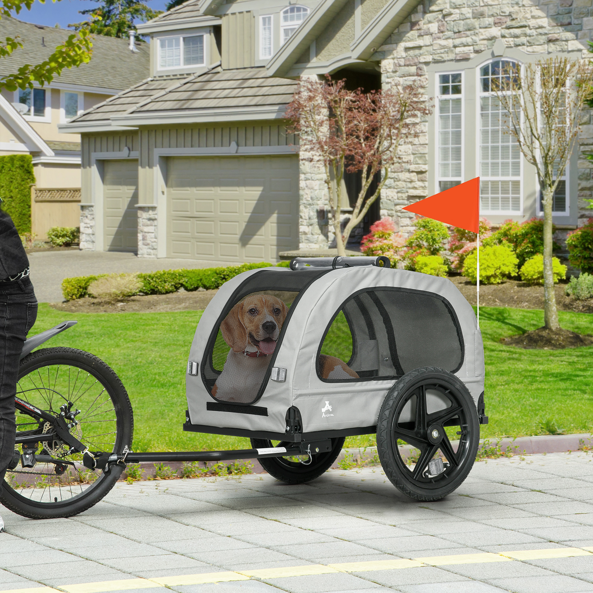 Aosom Dog Bike Trailer with Mesh Windows, Safety Leash, Safety Flag, Front/Rear Doors, for Medium Dogs Travel, Light Grey Aosom Canada