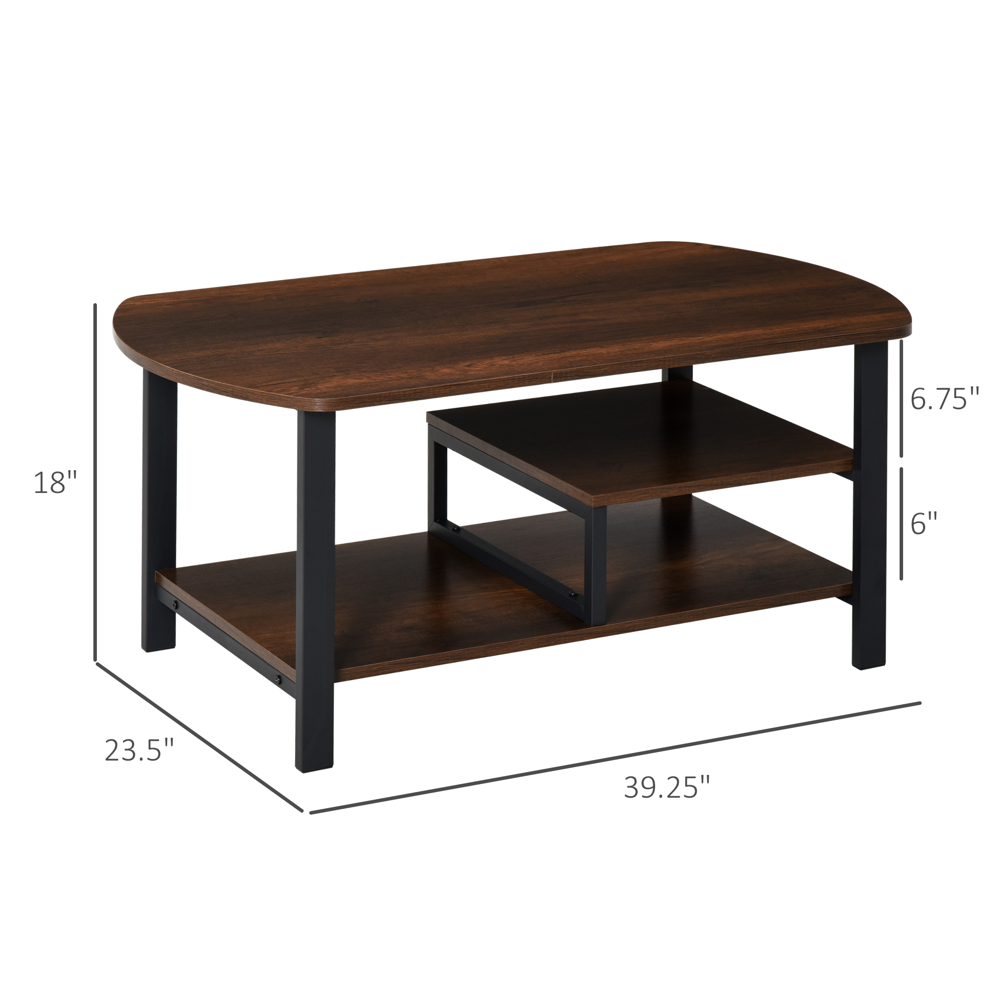 HOMCOM Vintage Industrial Coffee Table with Under-Top Storage Shelves and Rounded Corners, Dark Wood Color 1