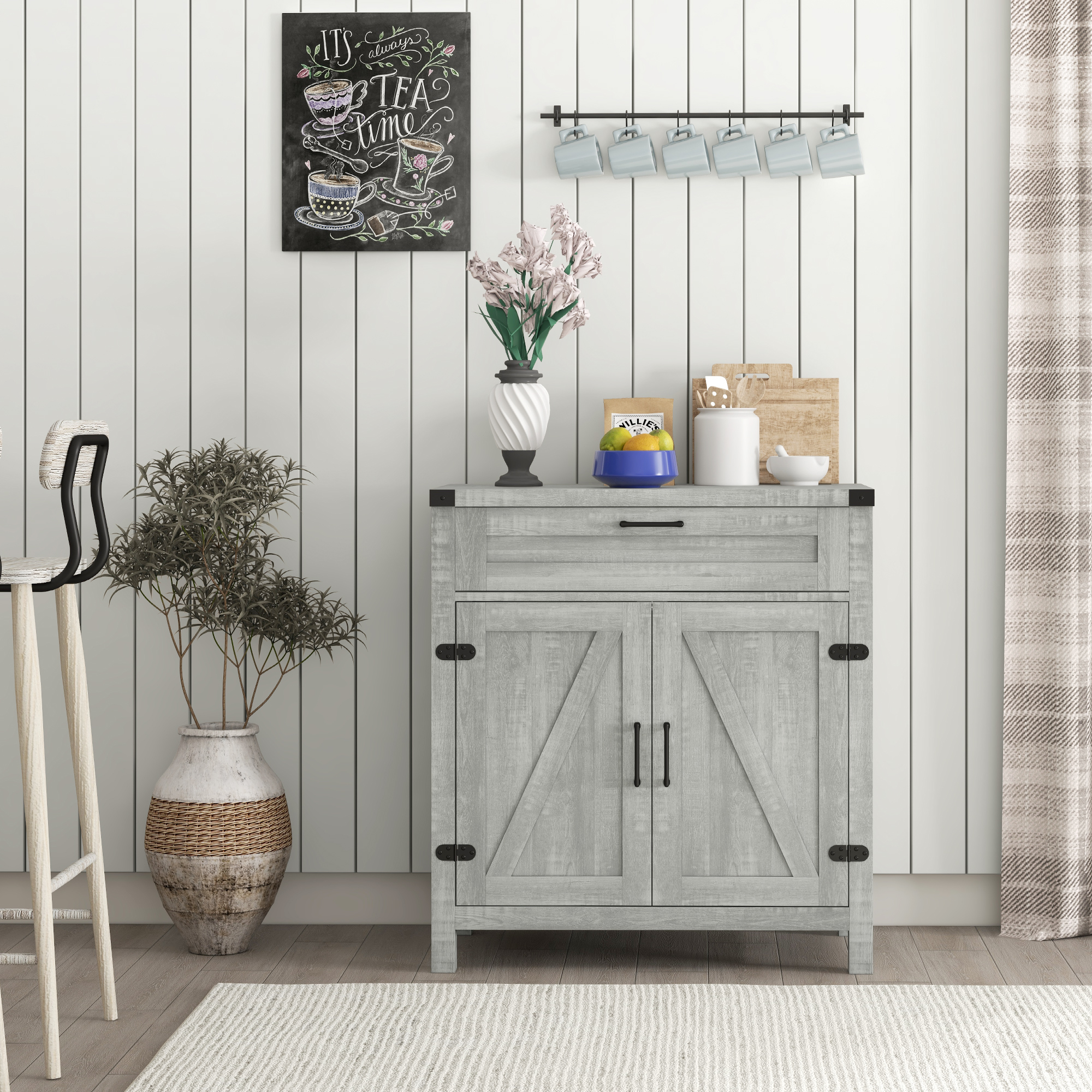 HOMCOM Modern Farmhouse Sideboard Storage Cabinet, Buffet Cabinet with 2 Barn Doors and Drawer for Dining Room, Gray | Aosom.com 6
