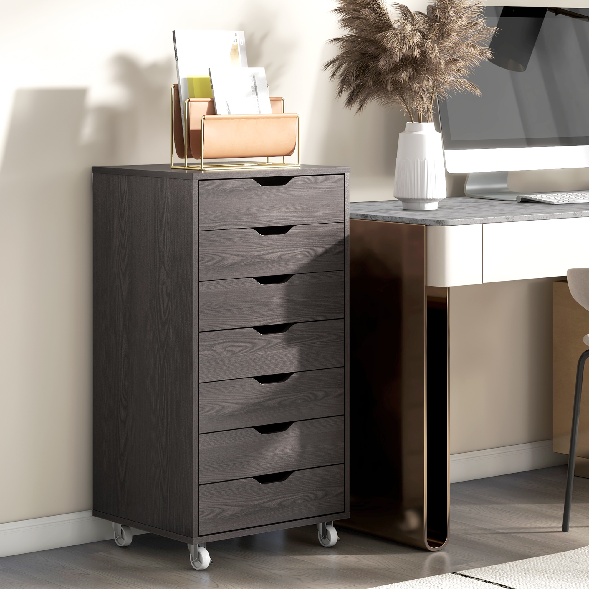 Vinsetto 7-drawer Vertical File Cabinet for Home Office, Storage Cabinet with Wheels, 18.7"x15.6"x35.4", Grey Wood Grain Aosom Canada