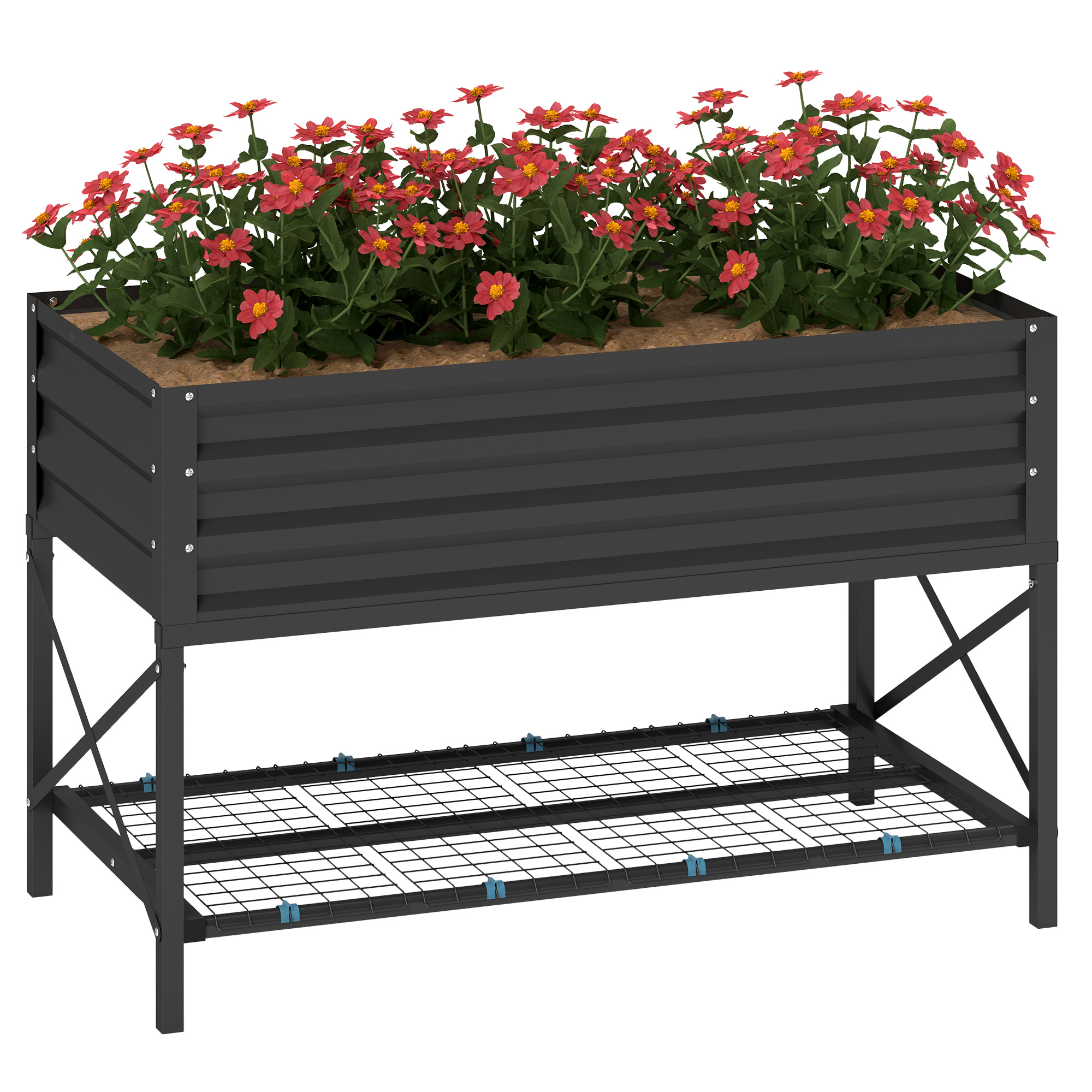 Outsunny Galvanized Raised Garden Bed, Metal Planter Box with Legs, Storage Shelf and Bed Liner, Dark Gray
