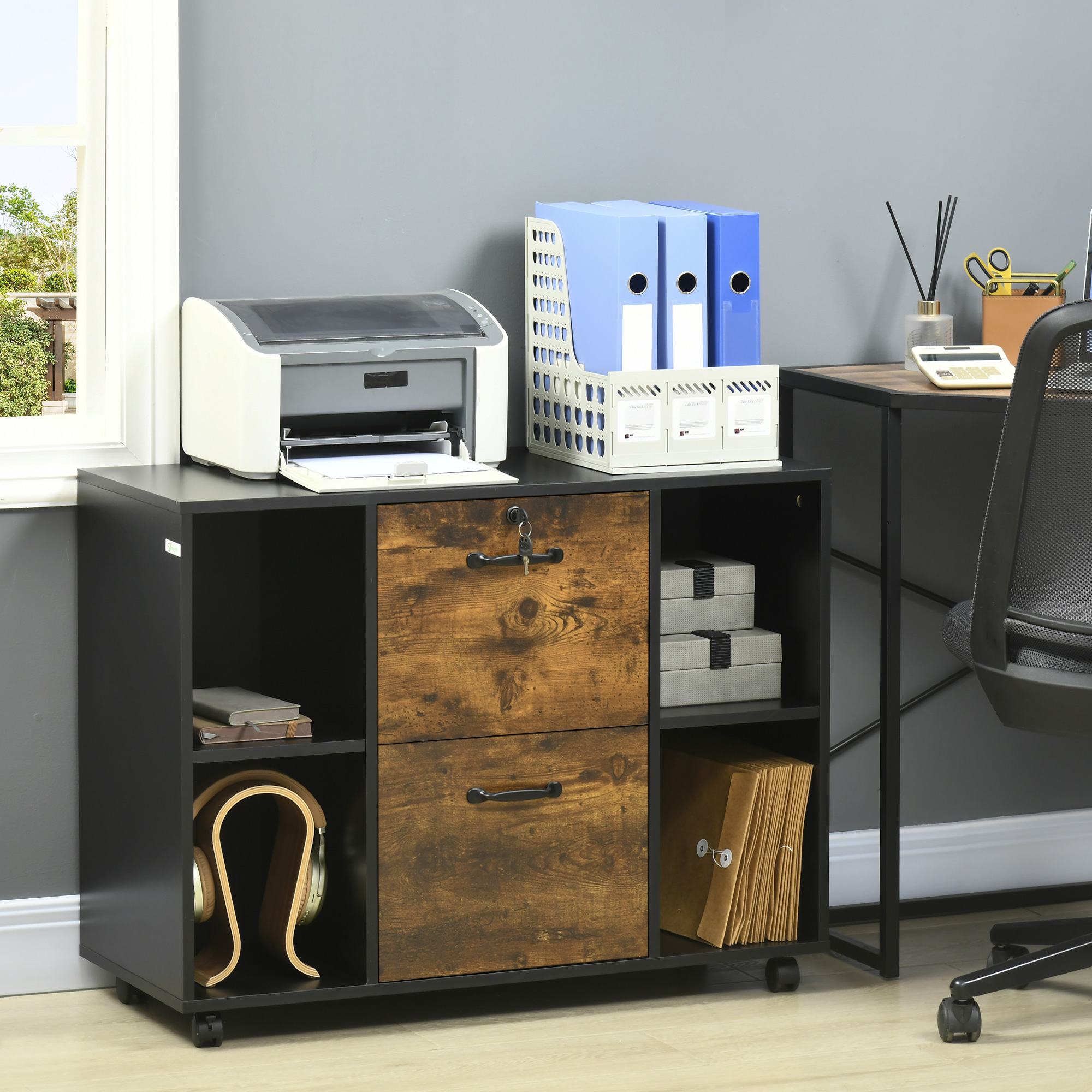 Vinsetto Lateral File Cabinet: Wheels, Lockable Drawer, Open Shelves, Rustic Brown Aosom Canada