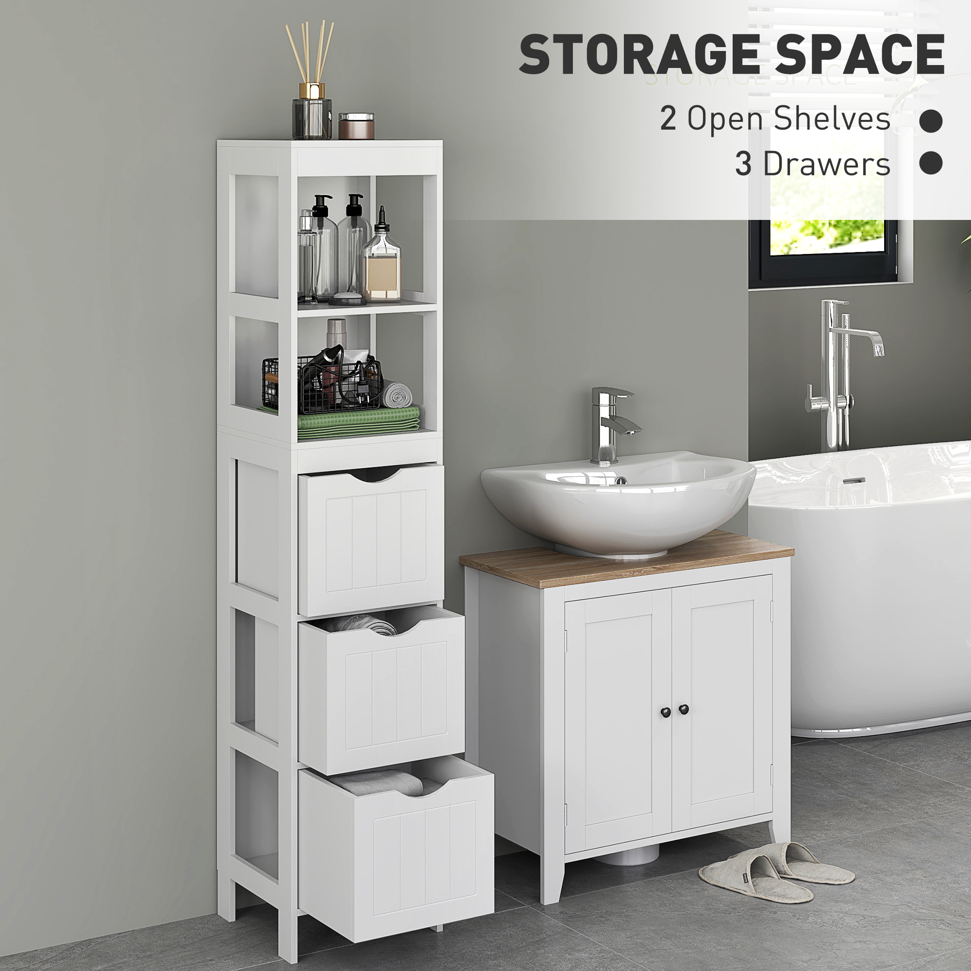 HOMCOM Narrow Bathroom Storage Cabinet, Bathroom Cabinet with 3 Drawers & 2 Open Shelves, Slim Bathroom Floor Cabinet, White 2