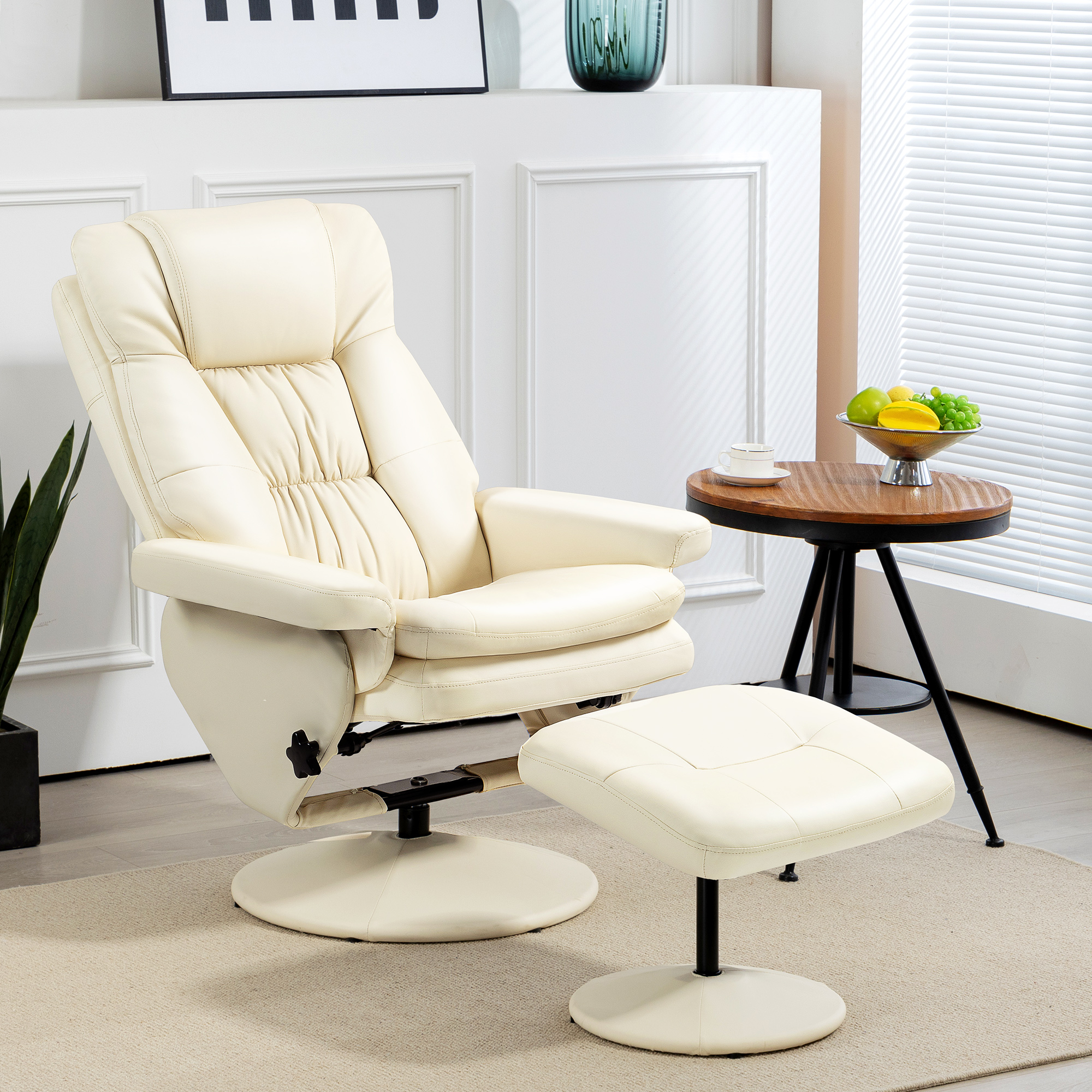 HOMCOM Swivel Recliner Chair with Ottoman, Upholstered Recliner and Footrest with Round Wrapped Base for Living Room, Cream White| Aosom.com 0