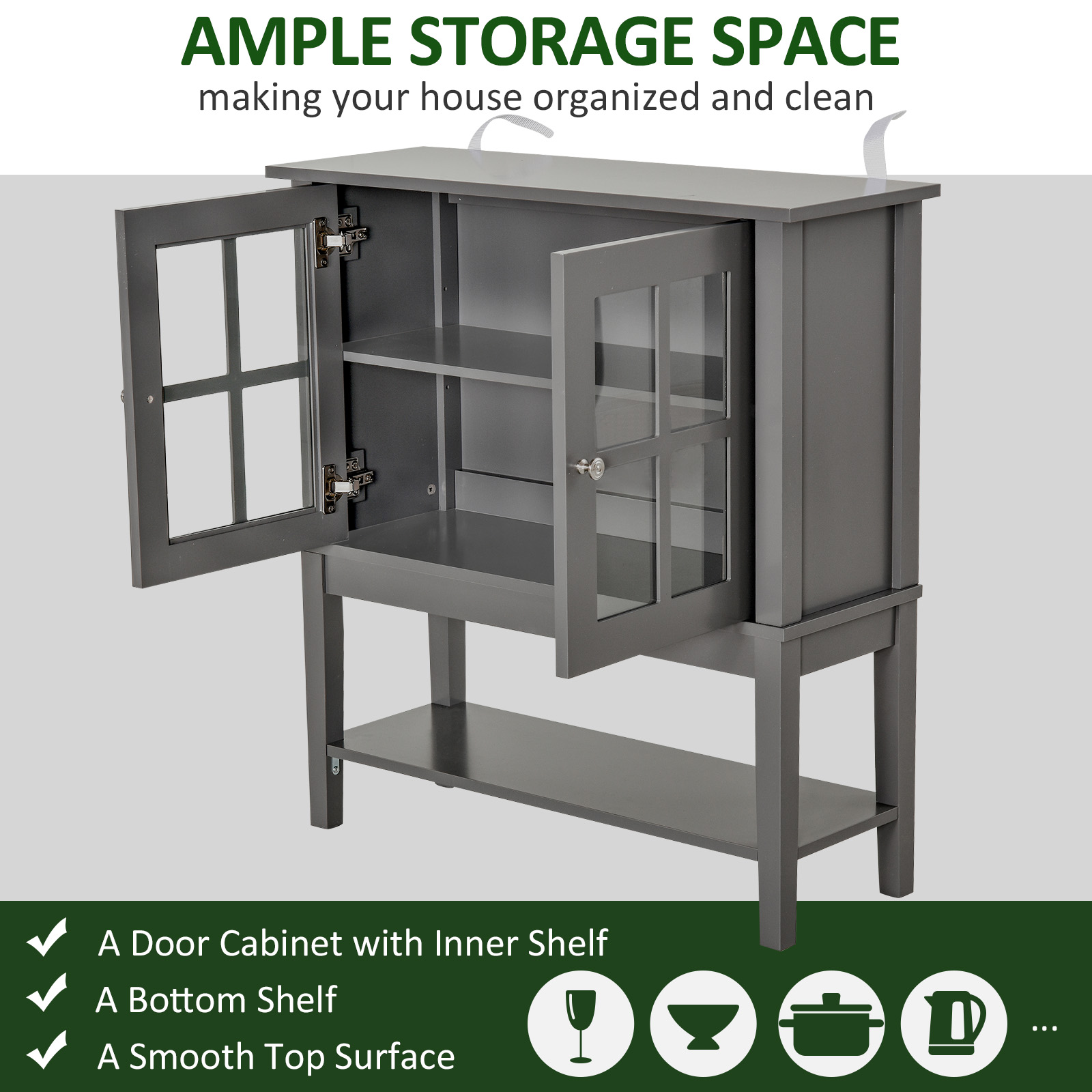 HOMCOM Sideboard Buffet Cabinet Modern Kitchen Storage with Glass Doors Gray | Aosom.com 3