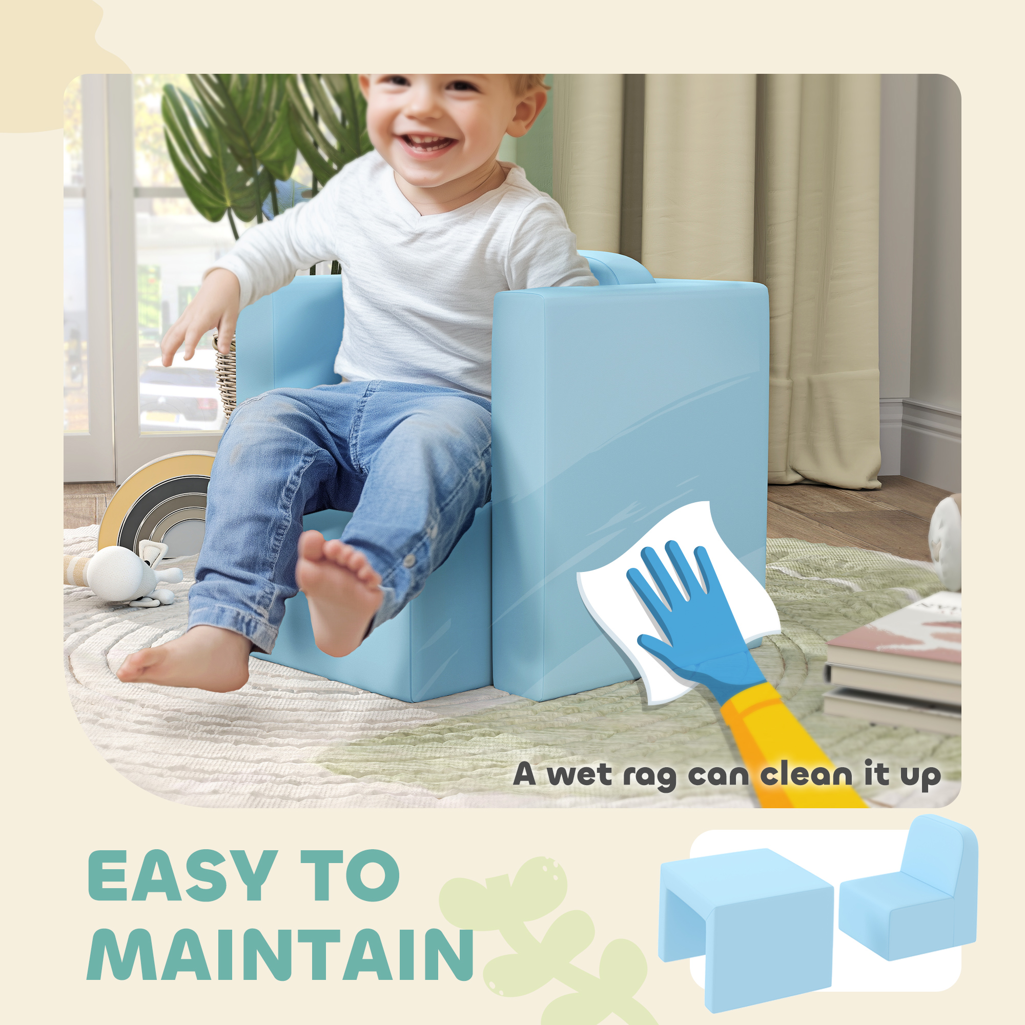 Qaba 2-in-1 Multifunctional Convertible Children Table and Chair Set, Kids Sofa with Extra Thick and Soft Padding, Light Blue | Aosom.com 5