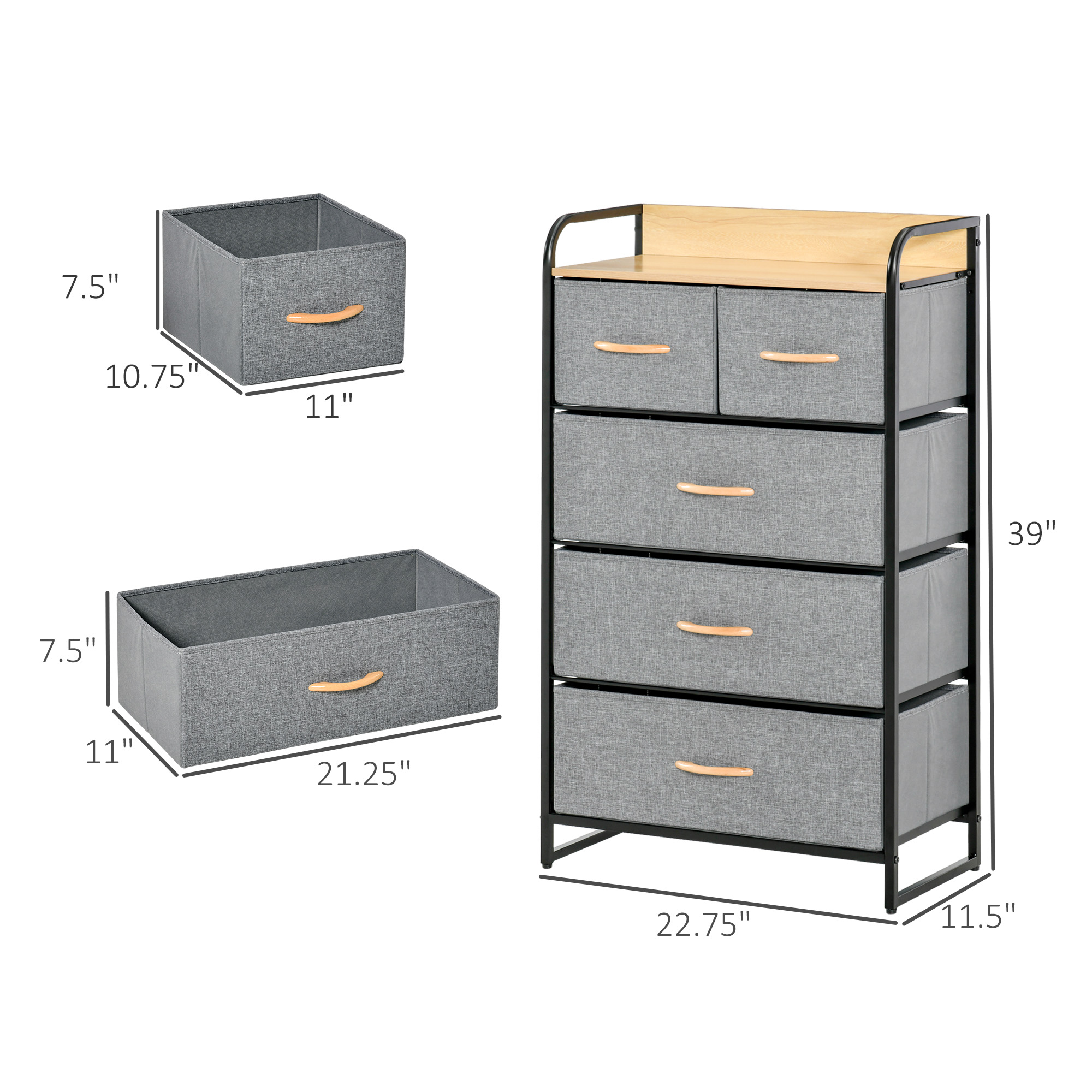 HOMCOM 5-Drawer Light Gray Dresser Tower with Steel Frame & Wooden Top for Bedroom Storage | Aosom.com 1