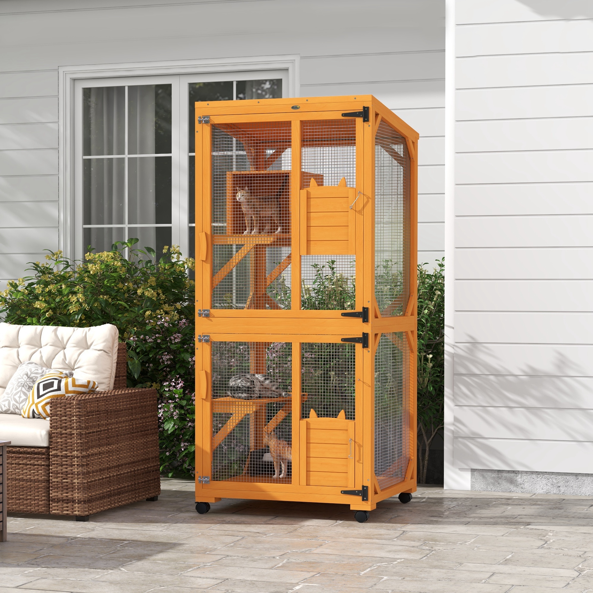 PawHut Large Cat House for 1-3 Cats on Wheels Wooden Catio