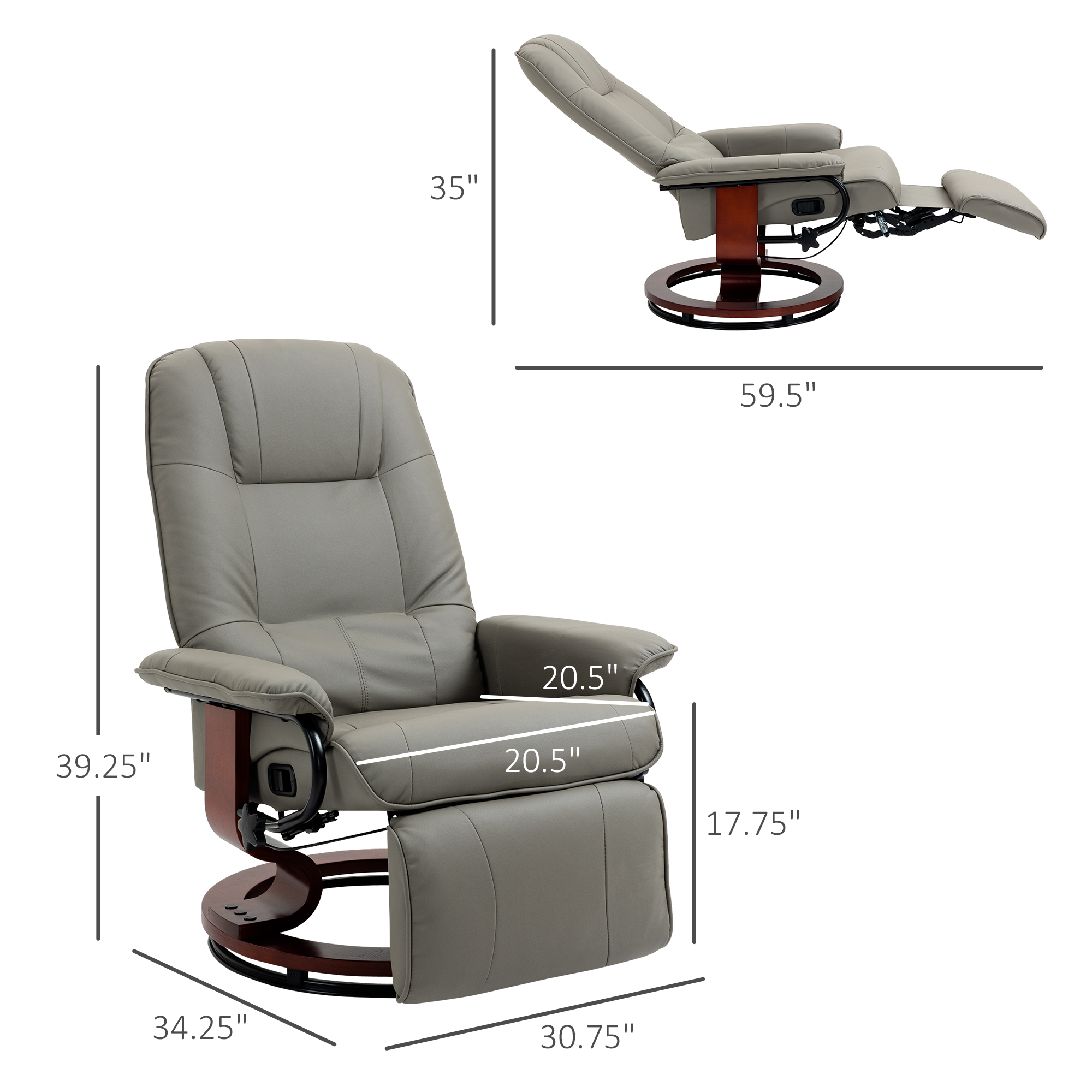 HOMCOM Adjustable Swivel Recliner Armchair, Faux Leather Manual Recliner with Footrest, Armrest and Wood Base for Living Room, Gray| Aosom.com 1