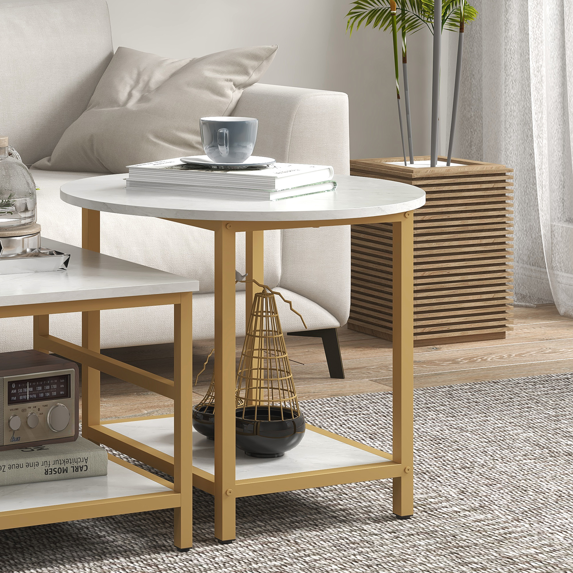 HOMCOM Coffee Tables Sets of 2, Rectangle and Round Coffee Table with Storage Shelves, Faux Marble Top, Living Room Table Set, White 7
