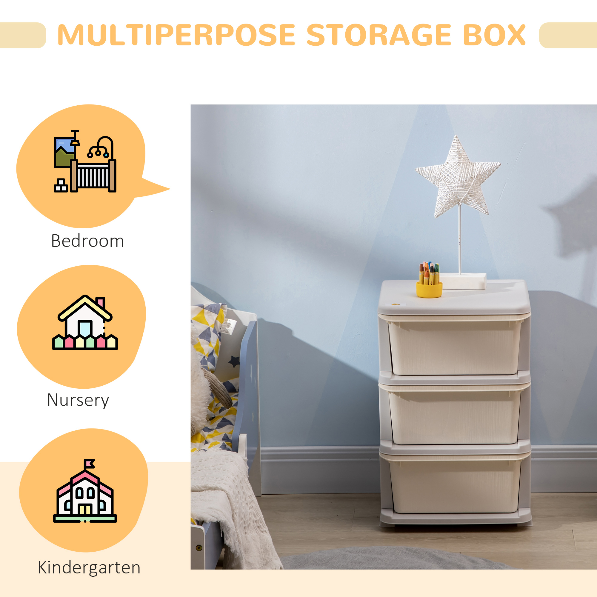 Qaba 3-Tier Toy Storage Organizer, Spacious Drawers Chest for Bedroom, Nursery, Living Room, Durable for Toddlers, Cream White | Aosom.com 4