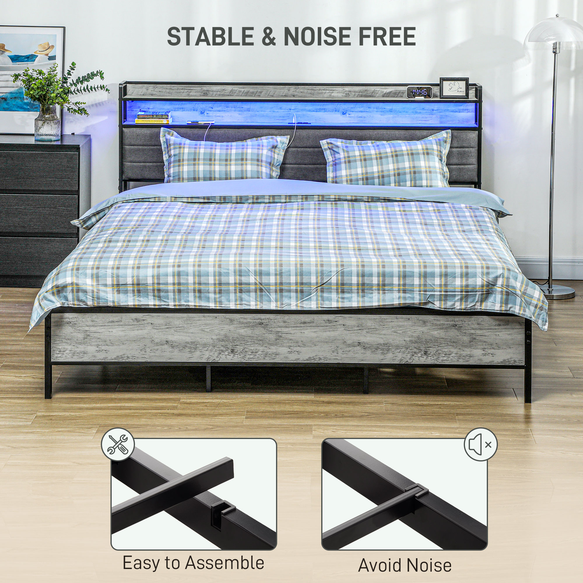 HOMCOM King Bed Frame with Storage Upholstered Headboard, King Size Bed Frame with LED Lights, Charging Station, Cement Gray | Aosom.com 4