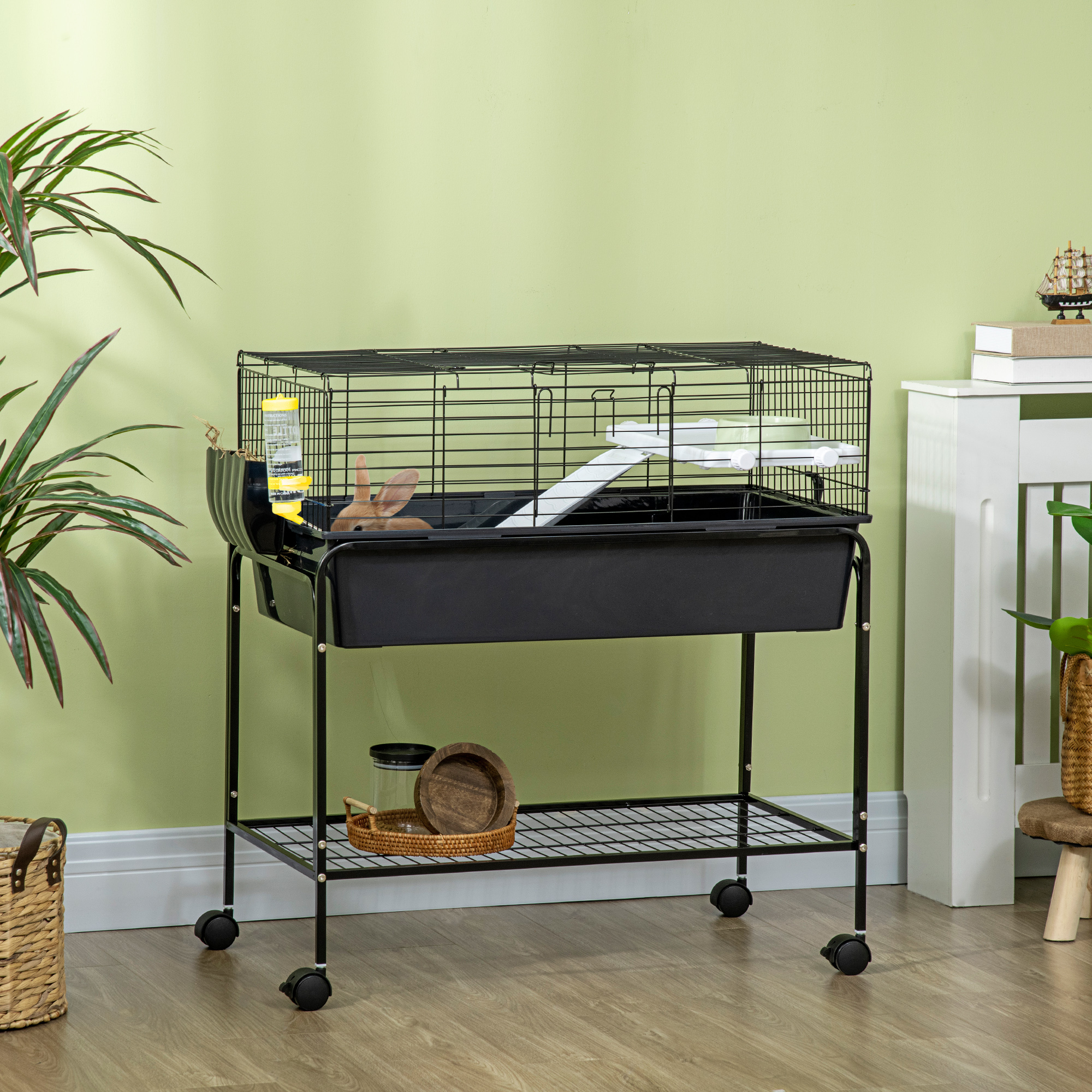 PawHut 35" Small Animal Cage Rolling Guinea Pig Cage with Detachable Stand, Water Bottle, Food Dish, Ramp, Wheels, Dark Grey Aosom Canada