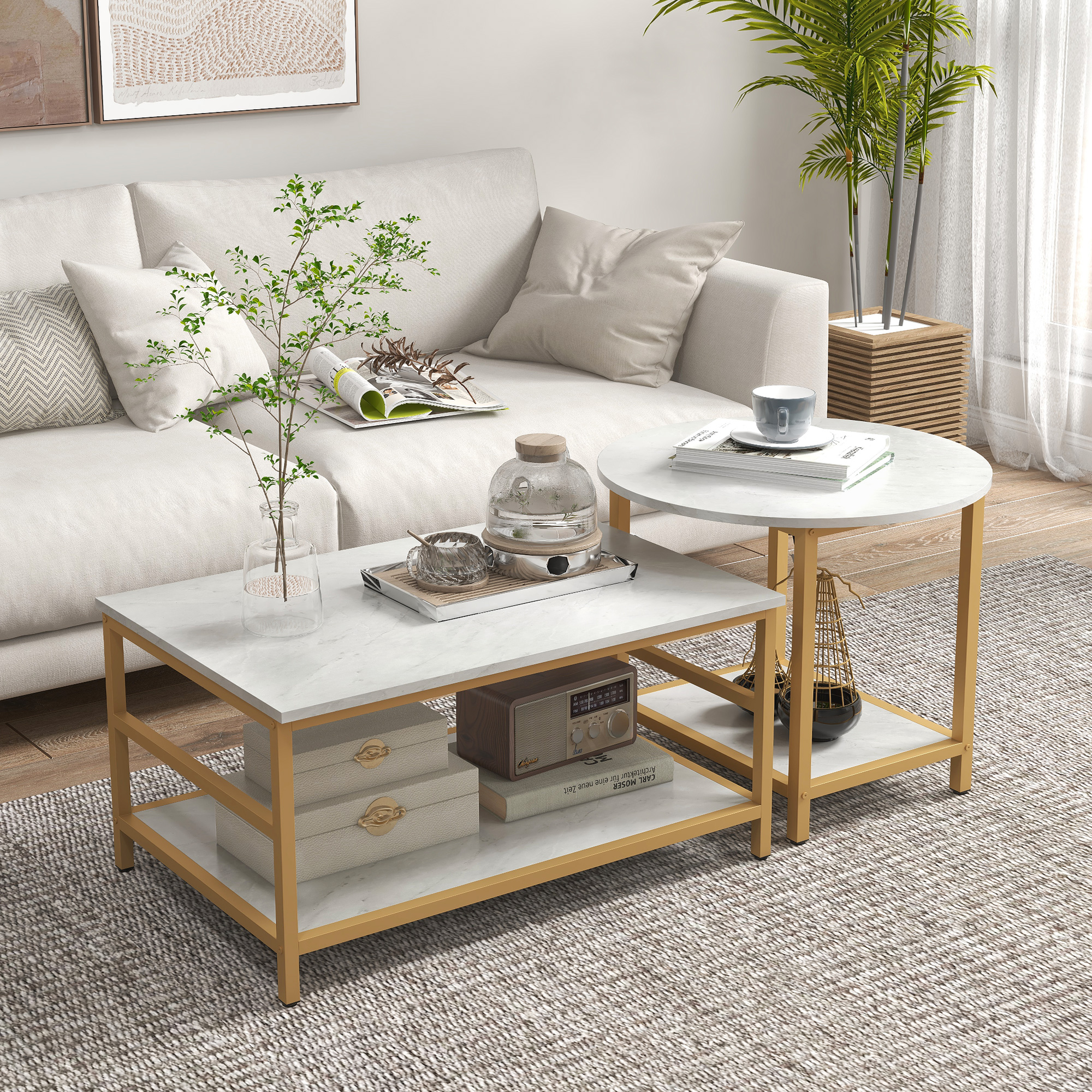 HOMCOM Coffee Tables Sets of 2, Rectangle and Round Coffee Table with Storage Shelves, Faux Marble Top, Living Room Table Set, White 0