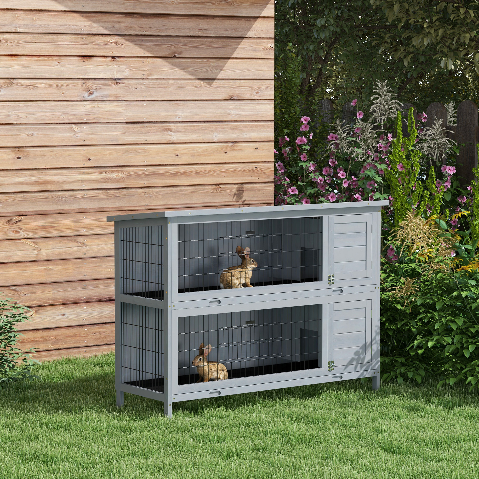 PawHut 2 Tier Wooden Rabbit Hutch Bunny Pet House Wooden Coop Run, Grey ...