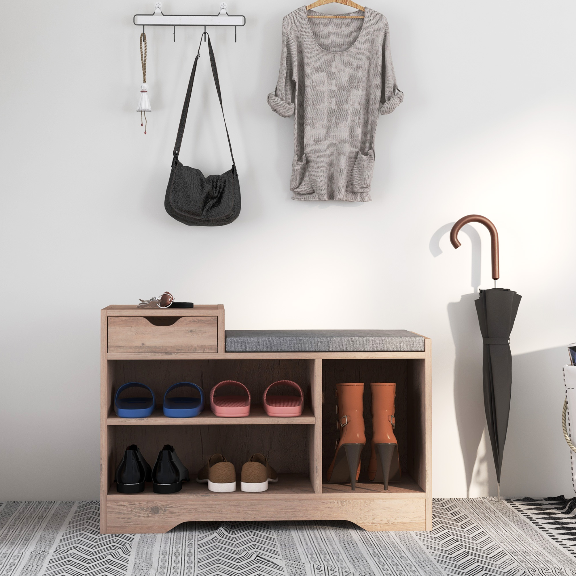 HOMCOM Upholstered Shoe Storage Bench, Hallway Shoe Storage with Seat, Drawer, 3 Open Shelves for Entryway, Grey Aosom Canada
