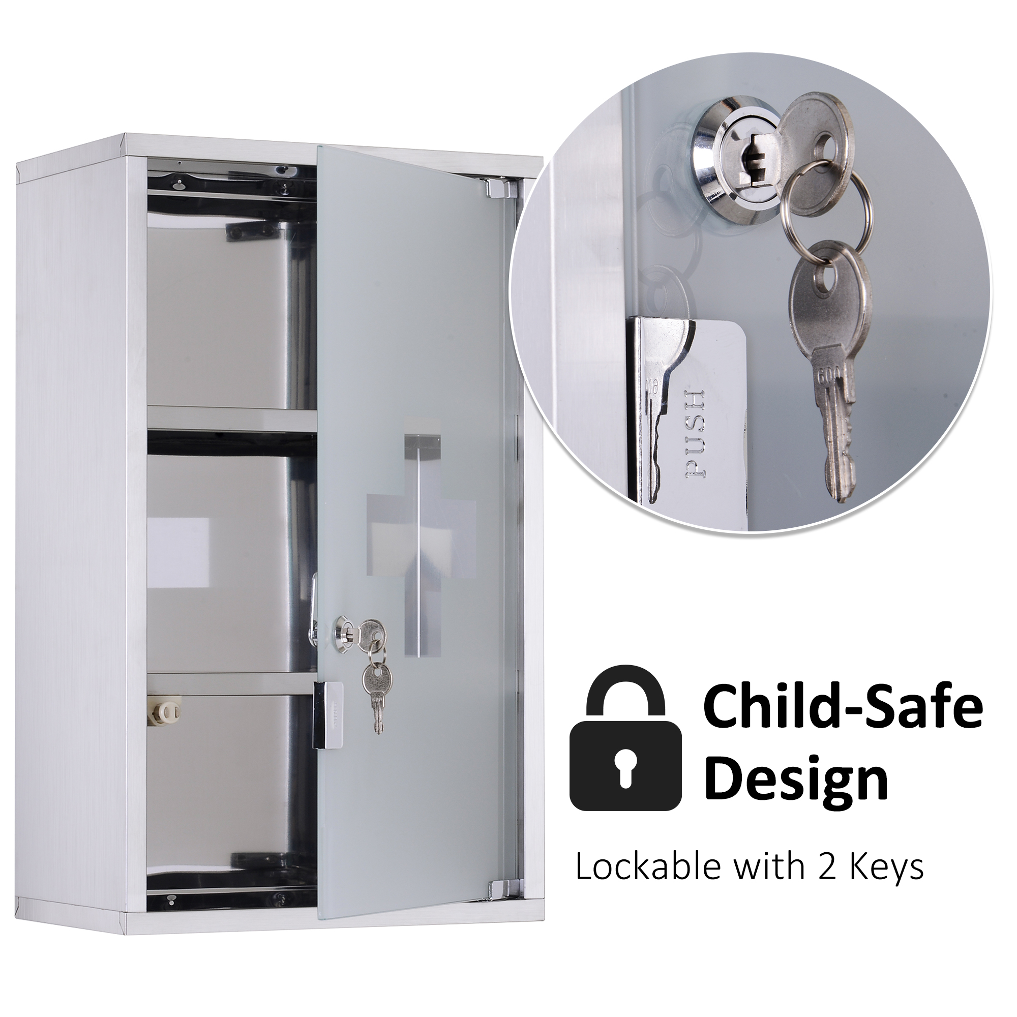HOMCOM Medicine Cabinet Lockable 12"x20", Stainless Steel, 3 Tier with Shelves for Bathroom Storage | Aosom.com 2