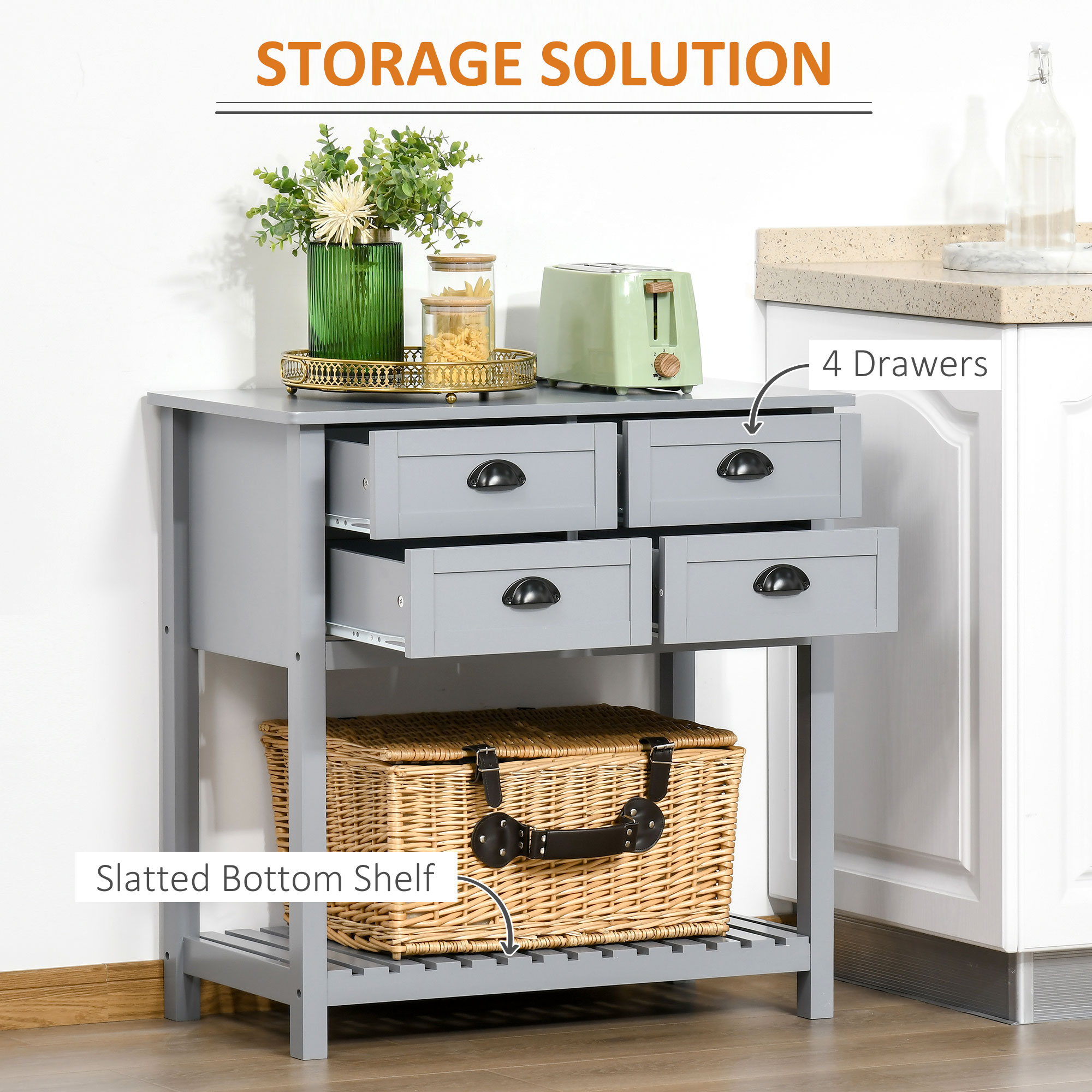 HOMCOM Sideboard Buffet Cabinet, Storage Serving Console Table with 4 Drawers and Slatted Bottom Shelf for Kitchen, Living Room, Gray 2