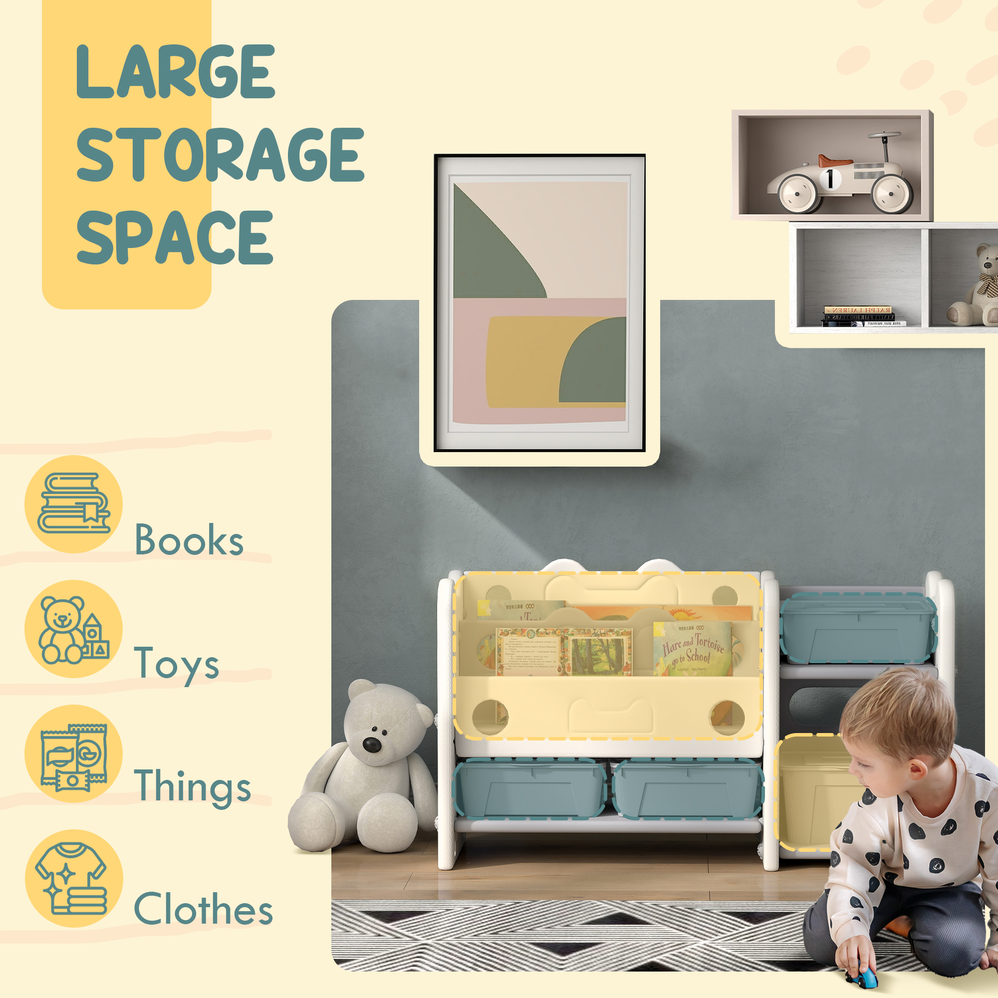Qaba 2 Tier Kids Toy Storage Organizer, Cream White with 4 Storage Boxes, Bookshelves for Nursery, Playroom | Aosom.com 2