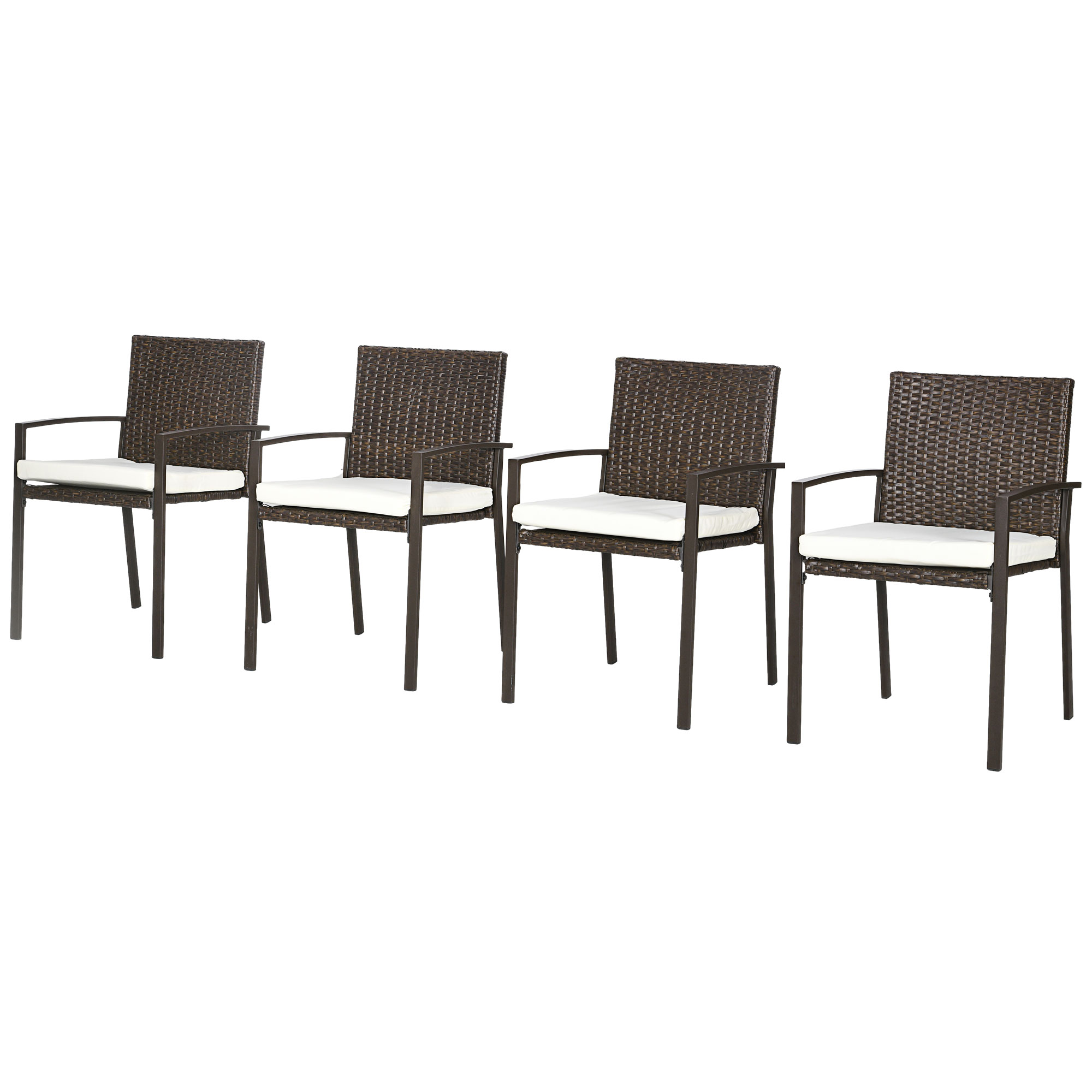 Outsunny PE Rattan Outdoor Dining Chair Set with Cushion, 4 Patio Wicker Dining Chairs with Backrest, Cream White