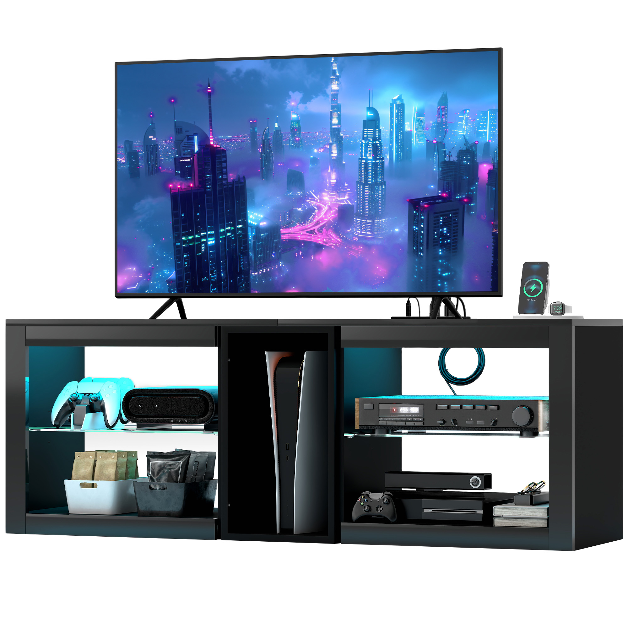 HOMCOM TV Stand Center for 55" with LED Lights and Power Outlets TV Television Cabinet with Adjustable Shelves High Gloss Black