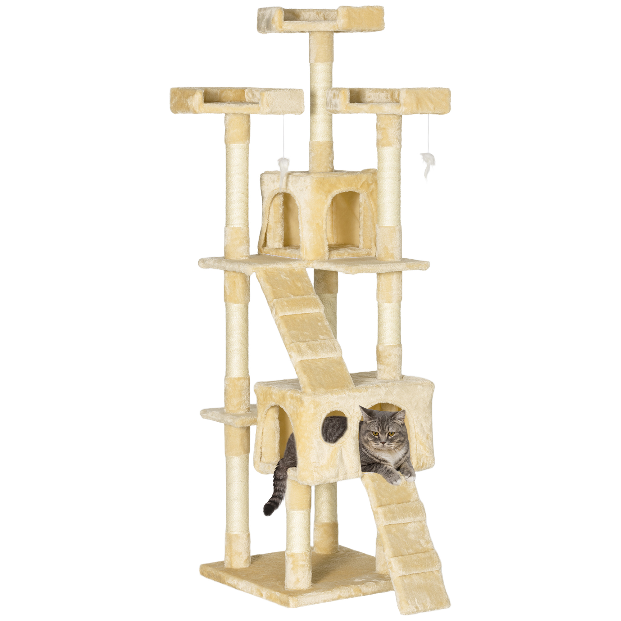 68-inch Multi-Level Feline Scratching Tree Kitty Activity Center Post Tower Condo Animal Furnishing w/ Plaything Beige 1