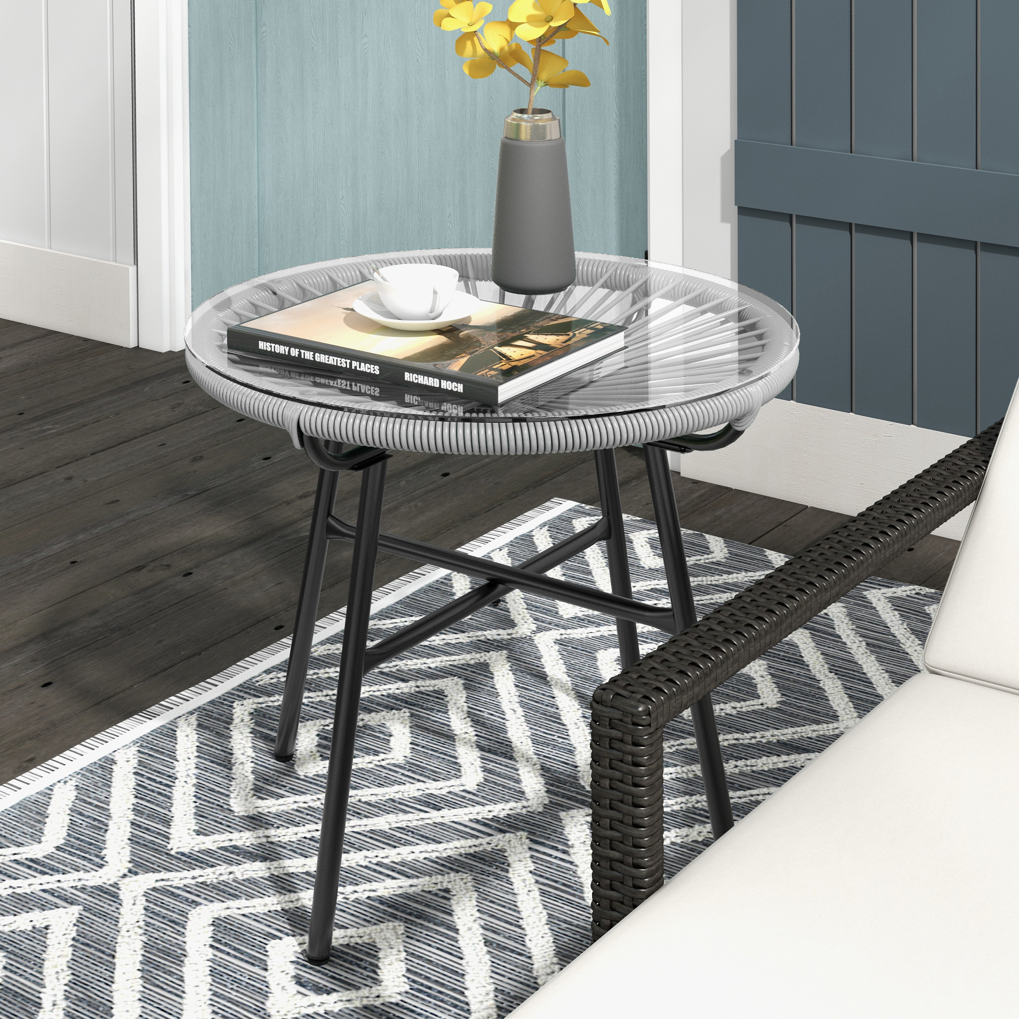 Outsunny Rattan Side Table, Round Outdoor Table, with Round PE Rattan and Tempered Glass Table Top for Patio, Garden, Grey Aosom Canada