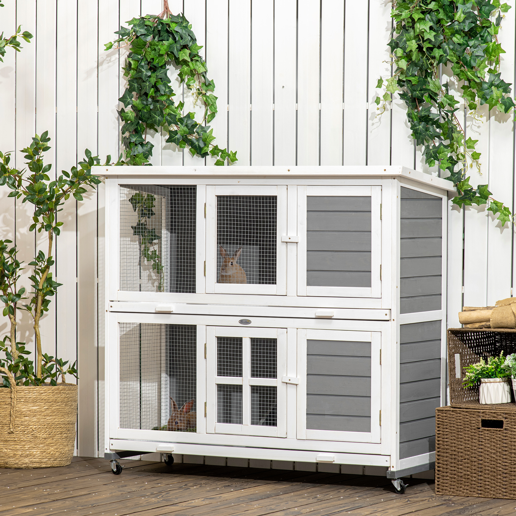 PawHut 2 Tier Wooden Rabbit Hutch with Wheels, Waterproof Roof ...