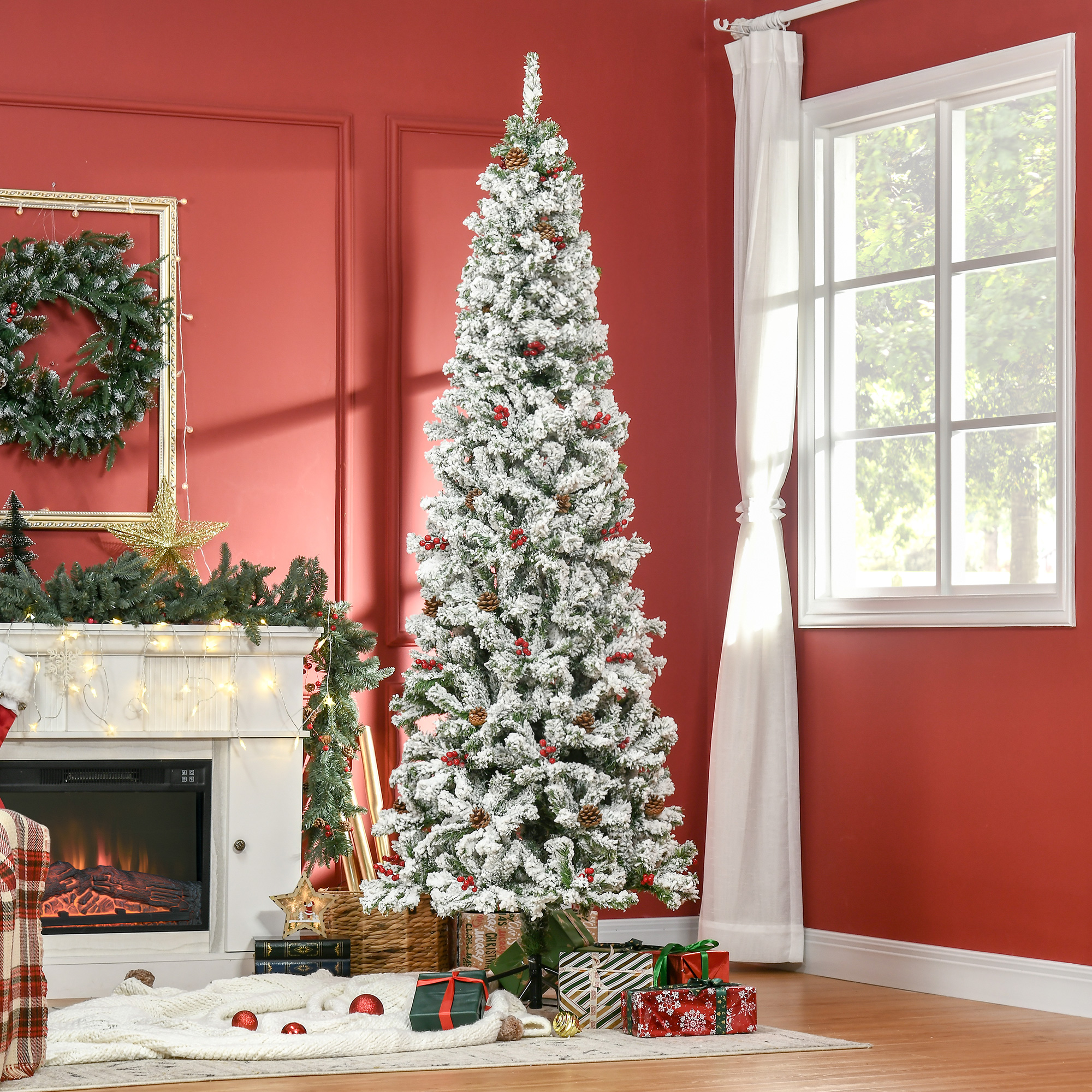HOMCOM 7.5 Foot Pencil Snow Flocked Artificial Christmas Tree with 950 Pine Realistic Branches, Pine Cones, Red Berries, Auto Open Aosom Canada