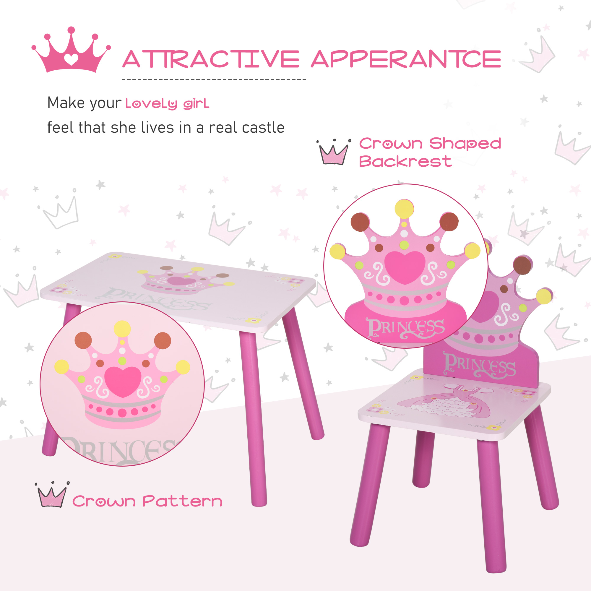 Qaba Kids Wood Table and Chair, 3-Piece Set with Crown Pattern, Charming Desk for Toddlers 3-8 Years, Princess-Themed Room, Pink| Aosom.com 5