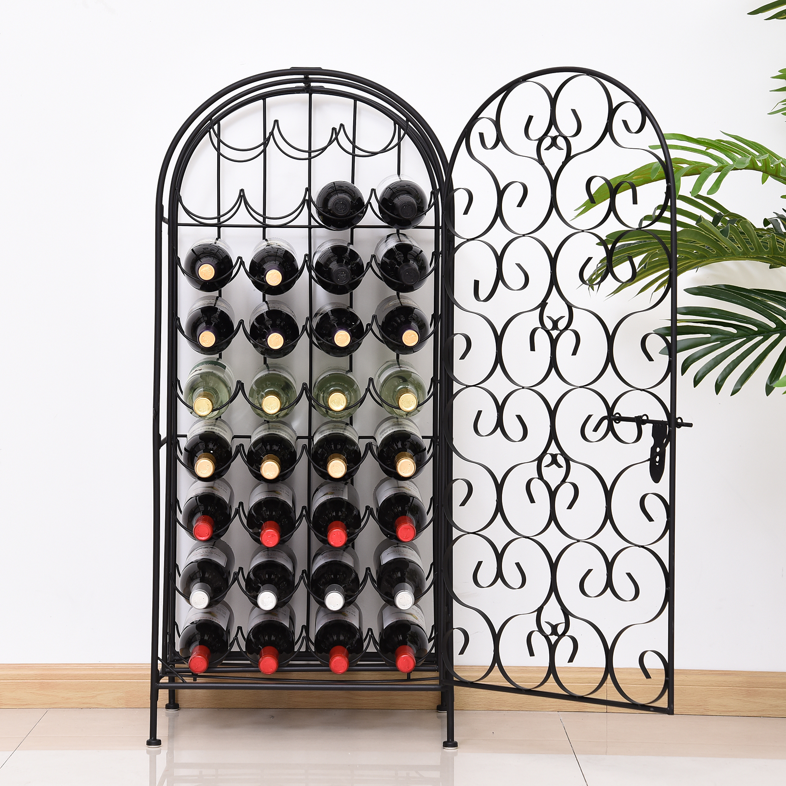 HOMCOM Wrought Iron Wine Rack Jail, Classic Black, for 35 Bottles, with Secure Lock | Aosom.com 3