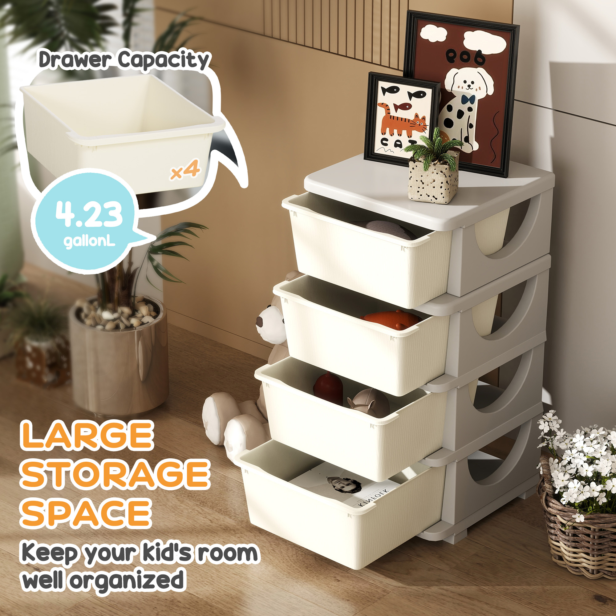 Qaba 30" 4 Tier Kids Storage Unit Dresser Tower w/ 4 Drawers, Cream White 2