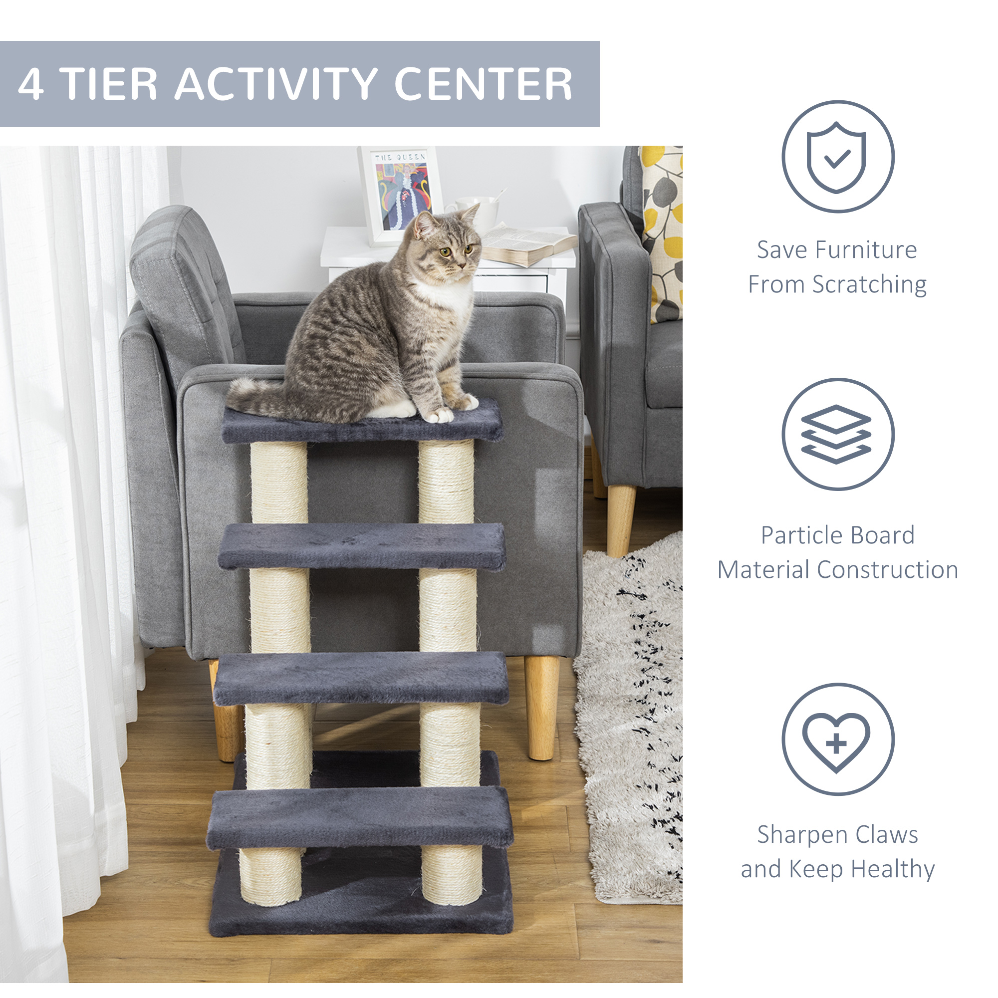 PawHut 4 Tier Pet Stairs Dog Cat 4 Steps Kitty Scatching Post Cat