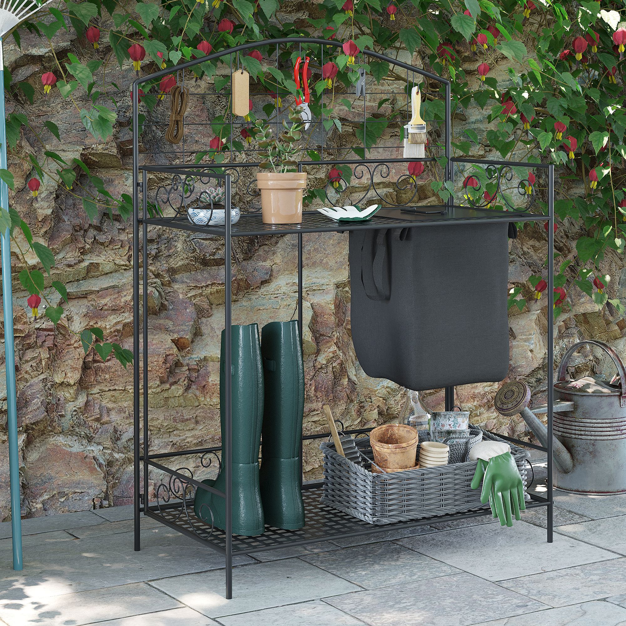 Outsunny Folding Potting Bench Table, Metal Garden Workstation