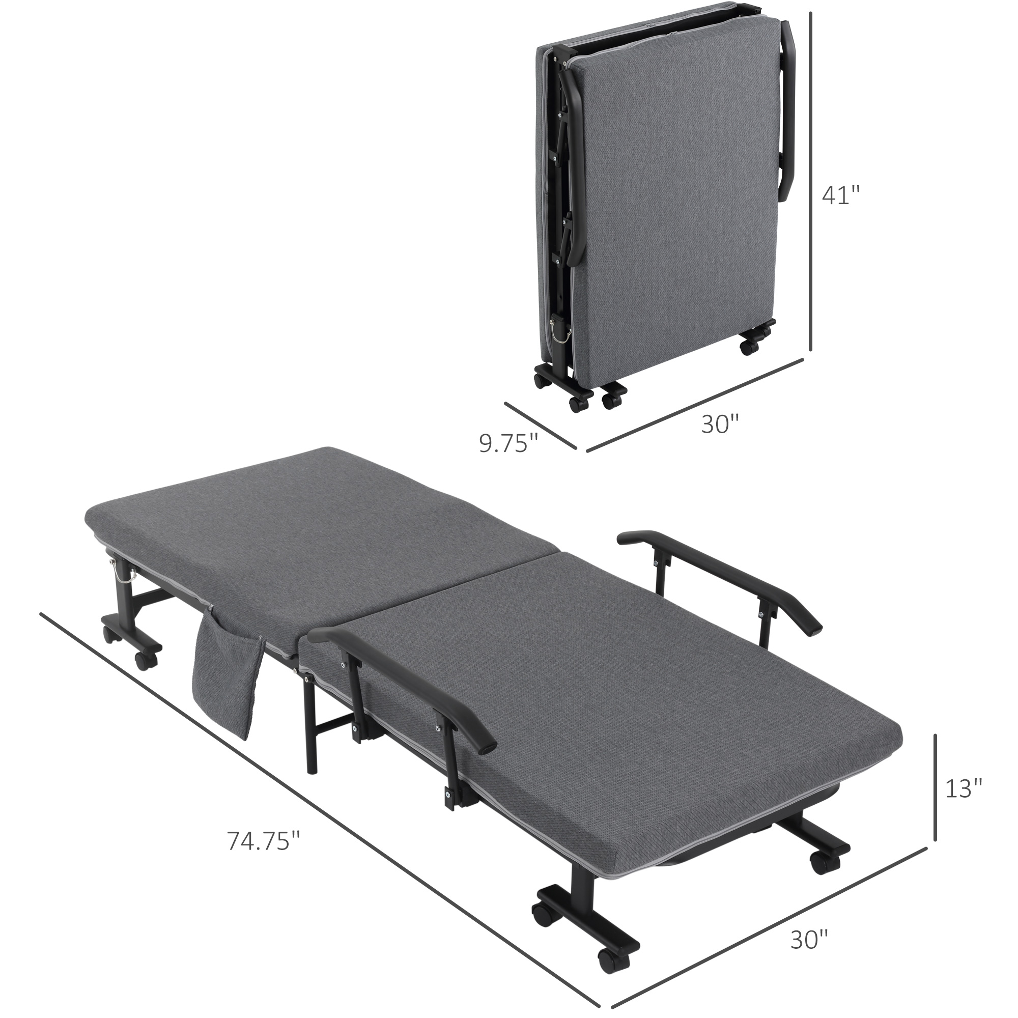 HOMCOM Portable Dark Grey Rollaway Bed, Folding, Adjustable Backrest, Guest Bed on Wheels | Aosom.com 1