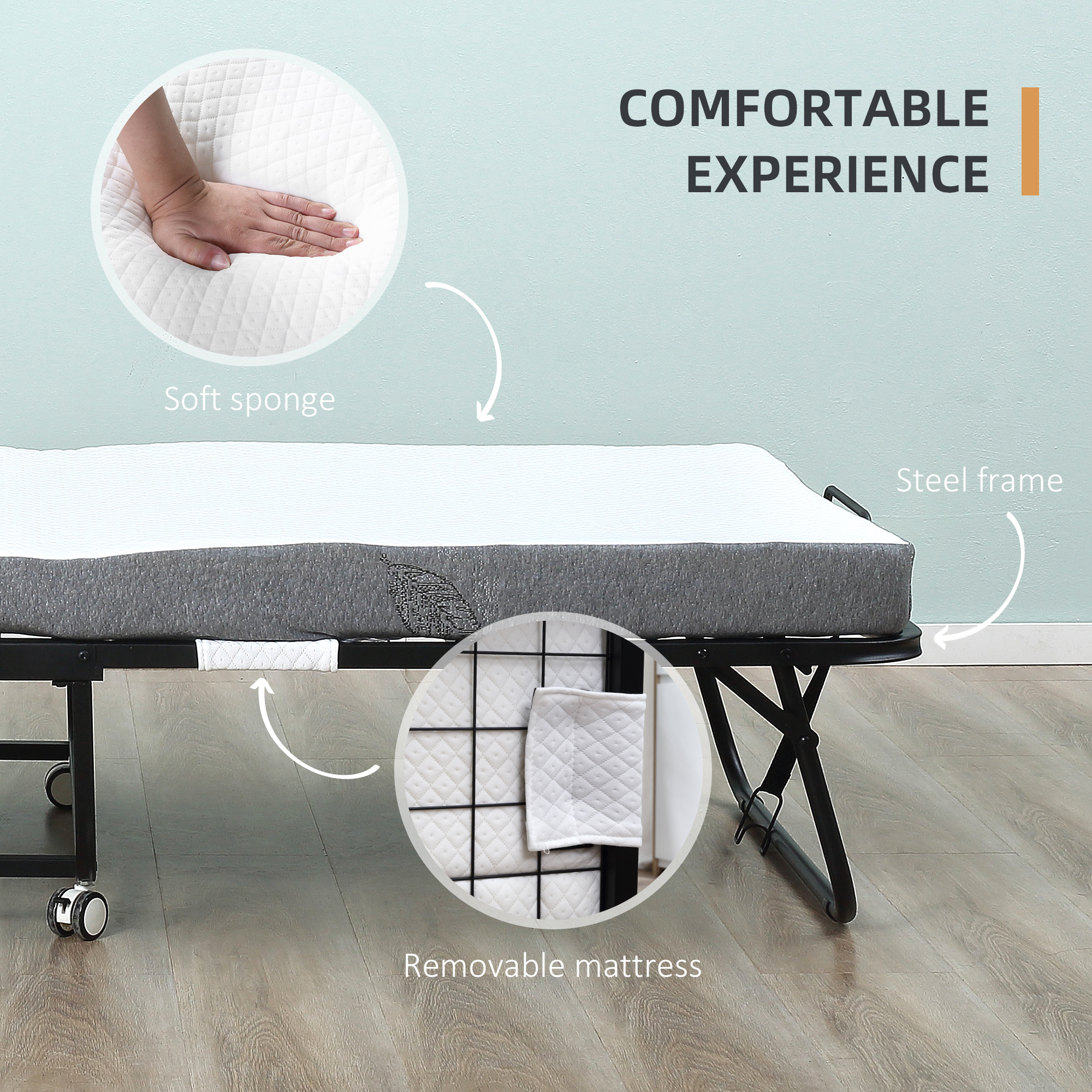 HOMCOM Folding Rollaway Bed with Mattress Portable White Guest Bed with Metal Frame and Wheels | Aosom.com 4
