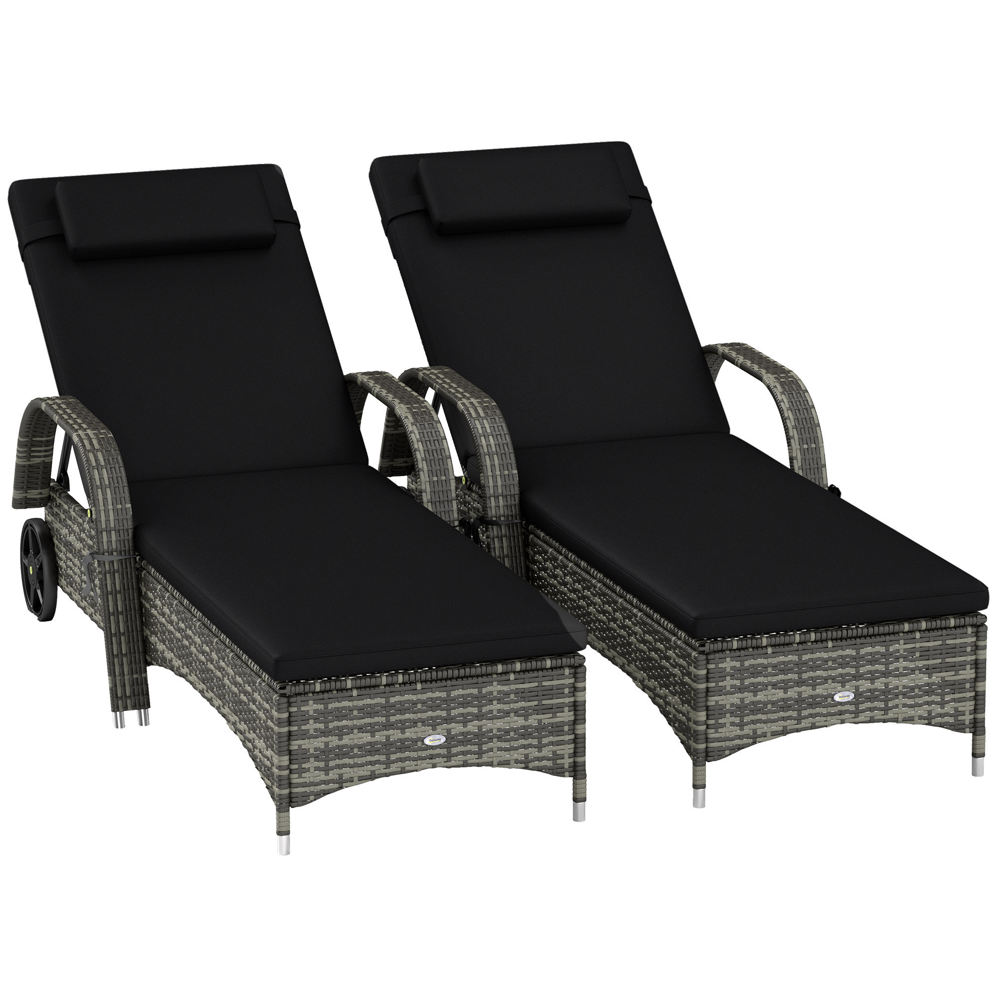 Outsunny 2 Reclining Chaise Lounge Chairs, Rolling Outdoor Chairs with Cushion, Pillow, Headrest, Armrests, and Wheels, Black