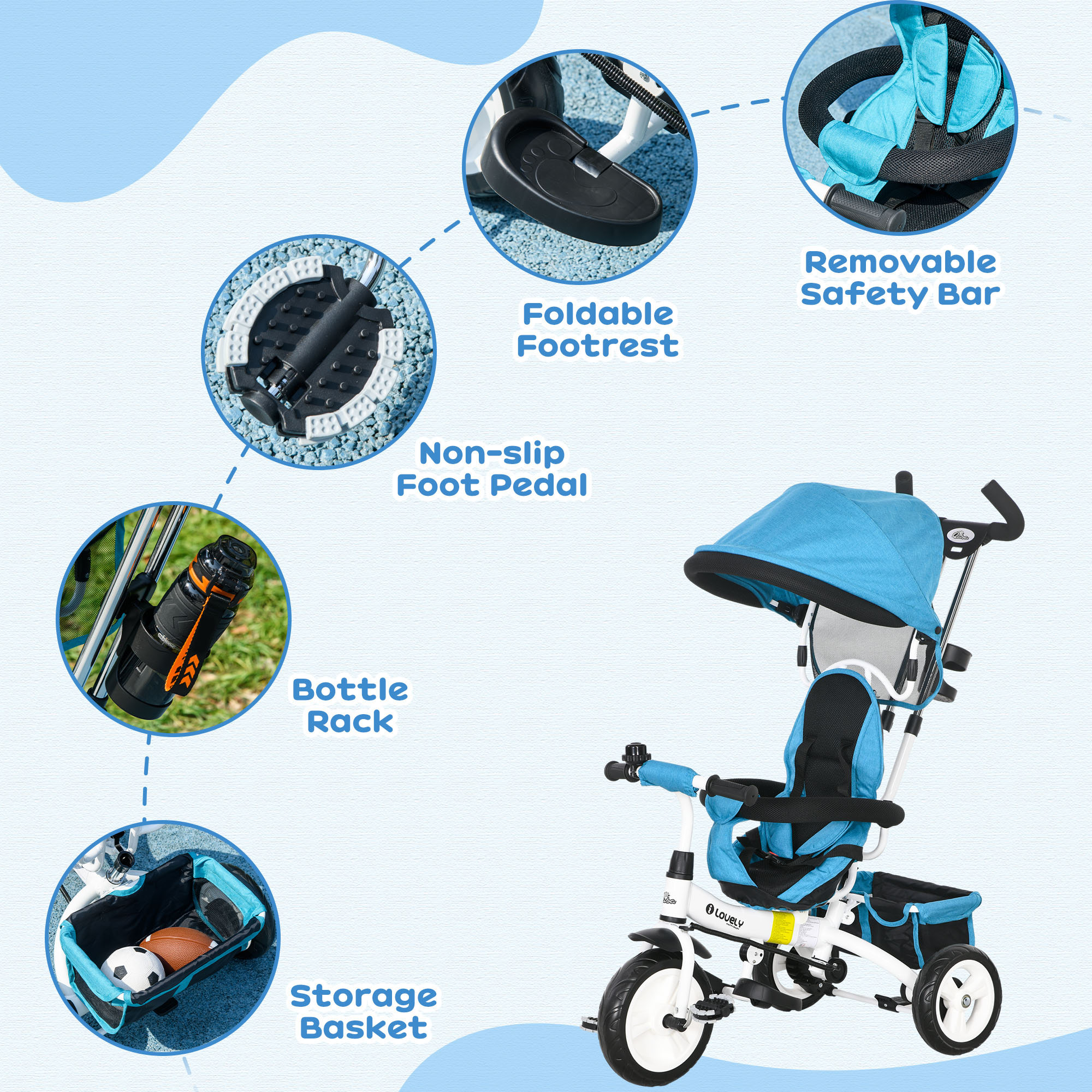 Qaba 6 in 1 Toddler Tricycle Stroller with Basket, Canopy, 5