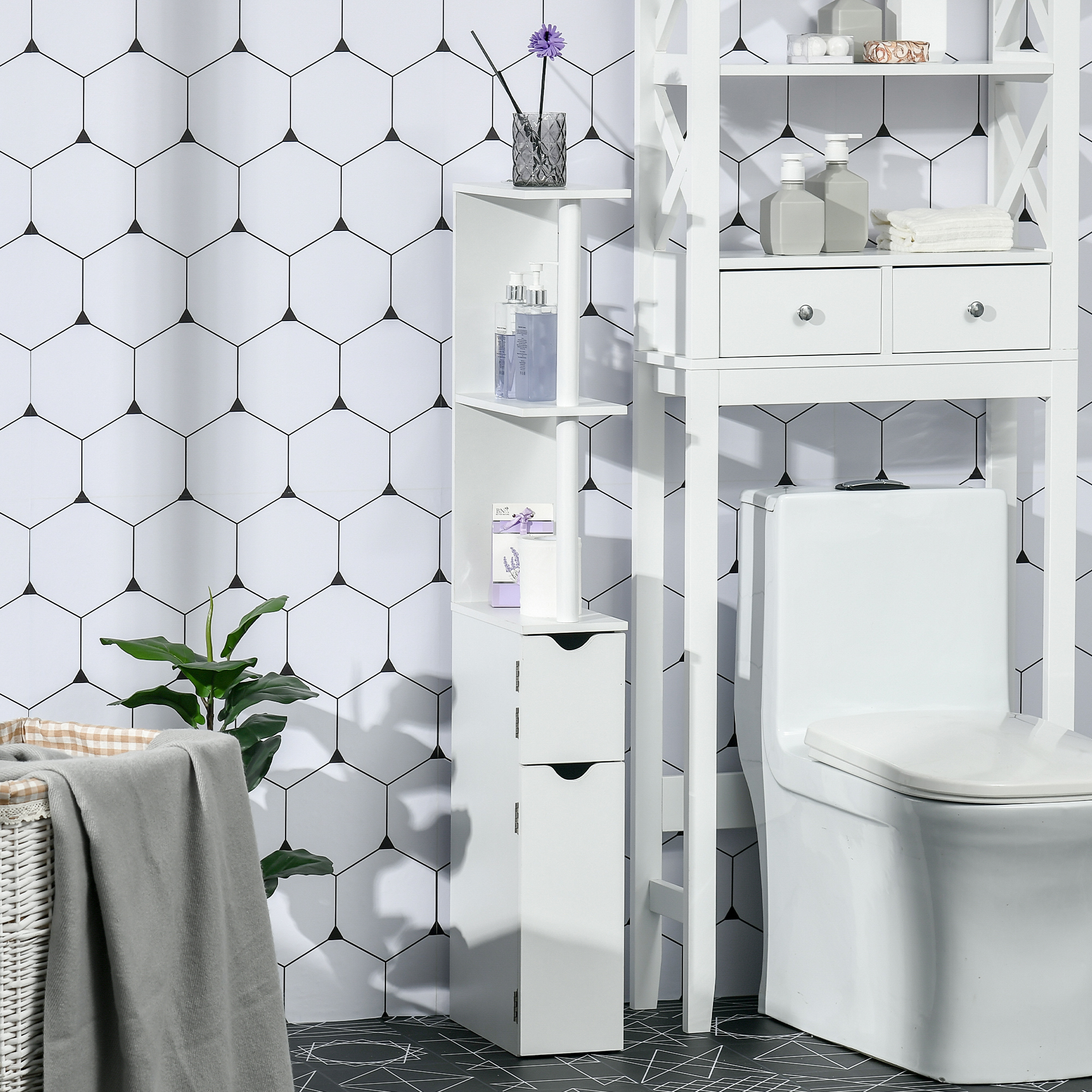 kleankin Tall Bathroom Cabinet Modern Storage 2 Open Shelves 2 Door Cabinets Freestanding Linen Tower White | Aosom.com 0