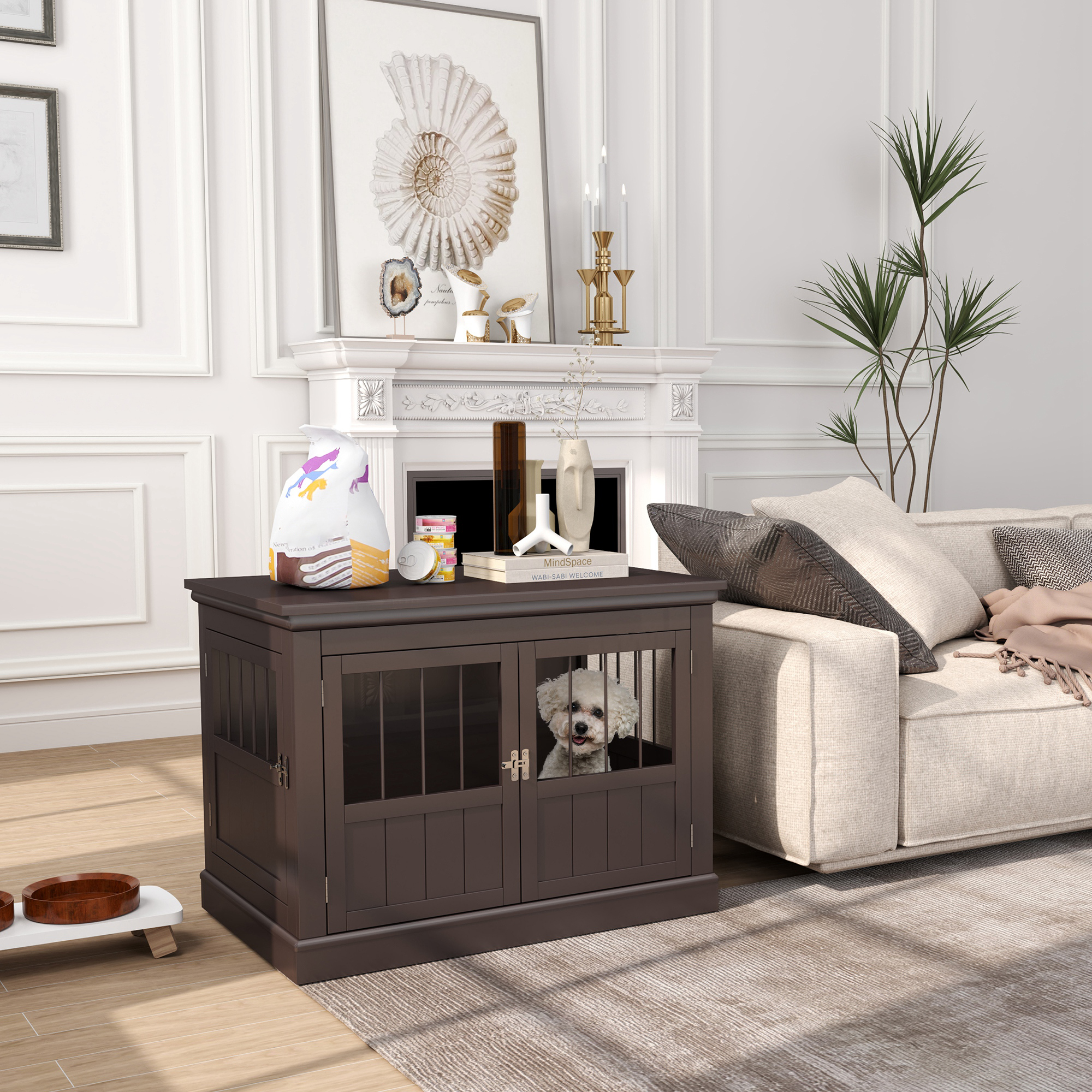 PawHut 31" Dog Crate Furniture End Table with Three Doors for Small Dogs, Coffee Aosom Canada