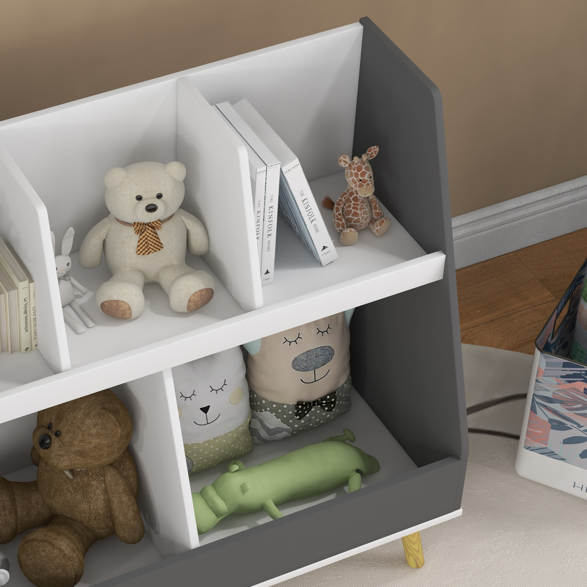 Qaba 2 Tier Gray Kids Bookcase & Toy Shelf, 5 Compartments with Anti-Tip Device for Nursery, Playroom | Aosom.com 7