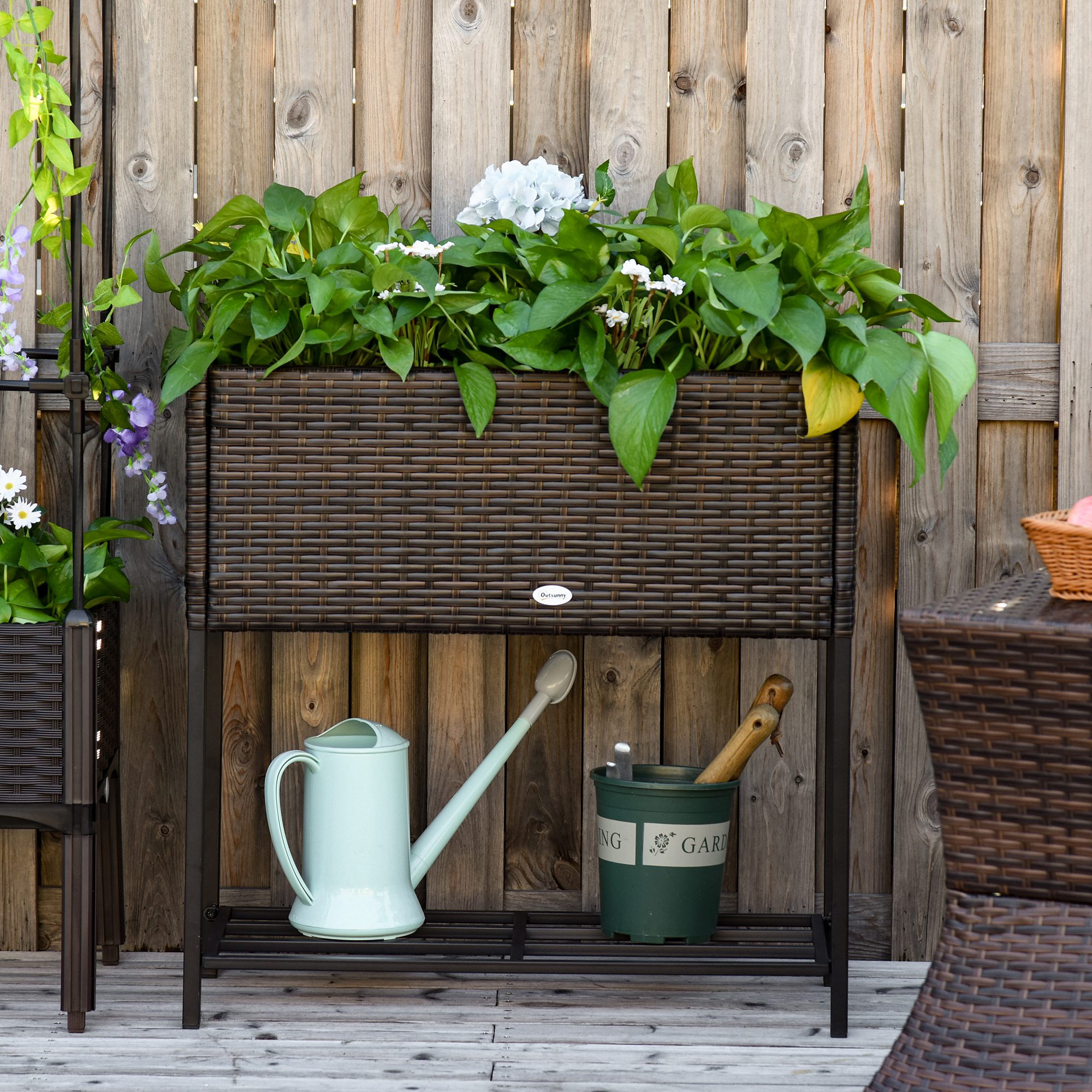 Outsunny Indoor/Outdoor Rattan Flower Planter Box with Tool Storage ...