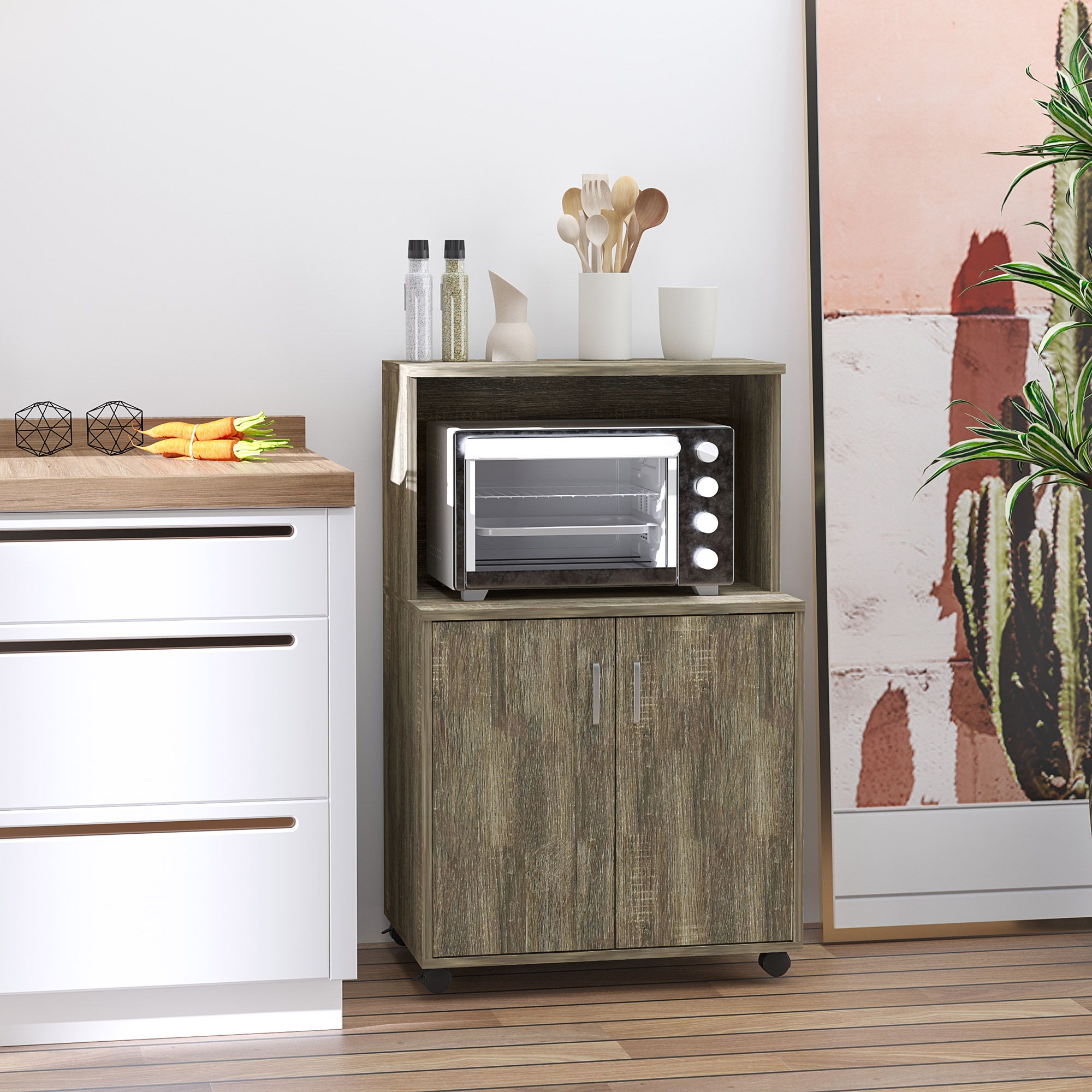 HOMCOM Rolling Microwave Cart Utility Kitchen Trolley with Storage Cabinet Sideboard Bookcase Grey Wheels Aosom Canada