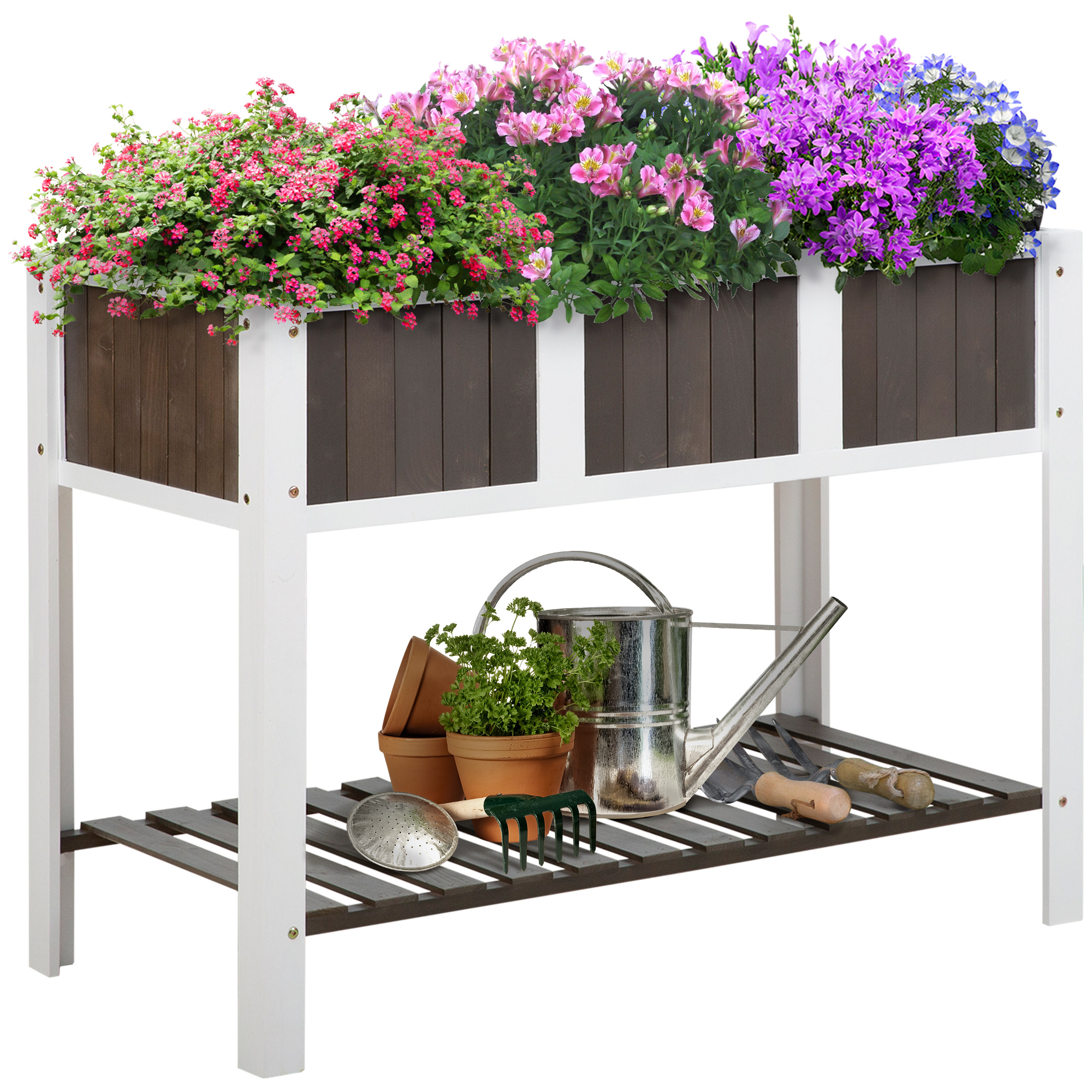 Outsunny 47'' x 23'' Raised Garden Bed w/ Storage Shelf, 2 Tiers Elevated Planter Box Stand for Vegetables, Flowers and Herbs Backyard, Patio, Balcony