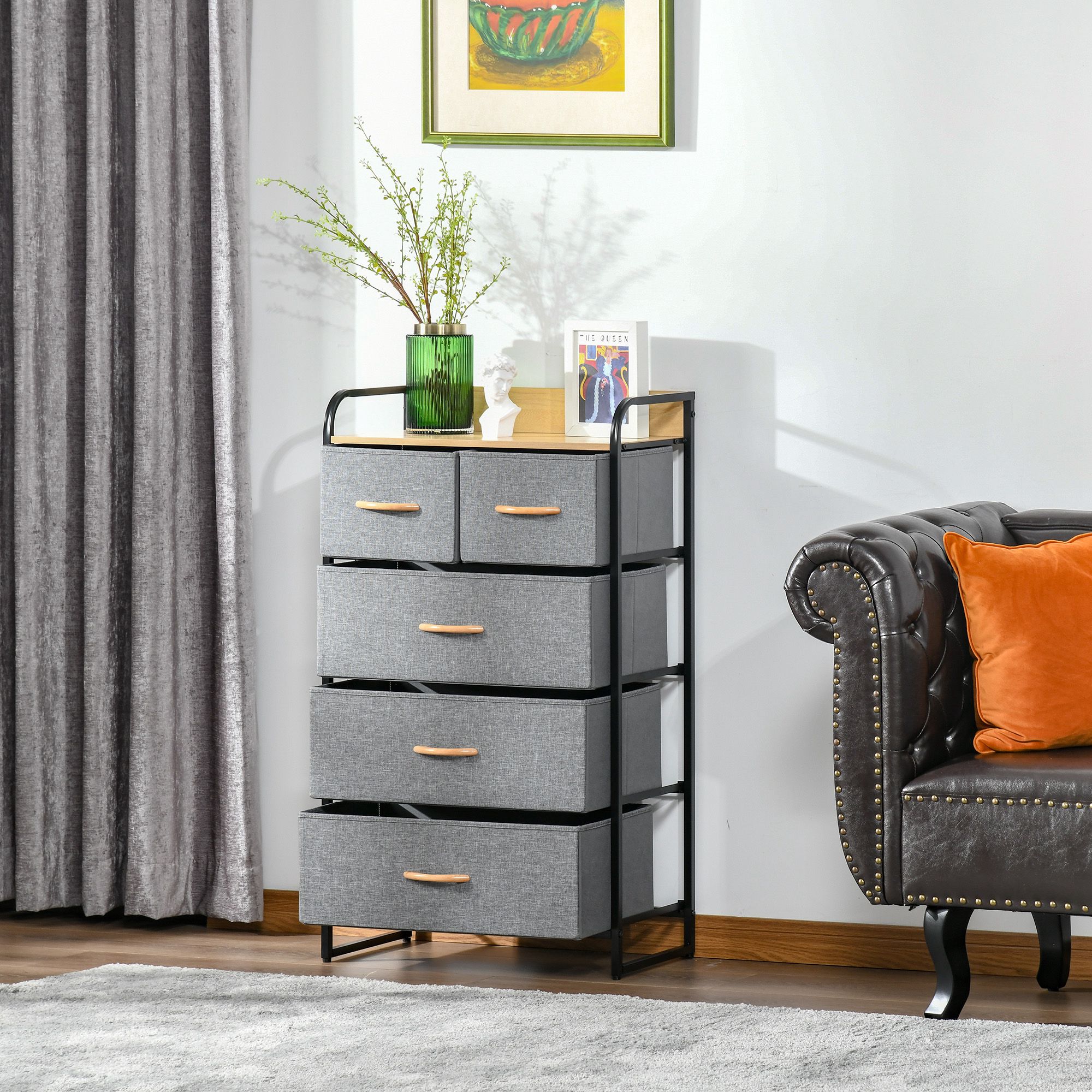 HOMCOM 5-Drawer Light Gray Dresser Tower with Steel Frame & Wooden Top for Bedroom Storage | Aosom.com 2