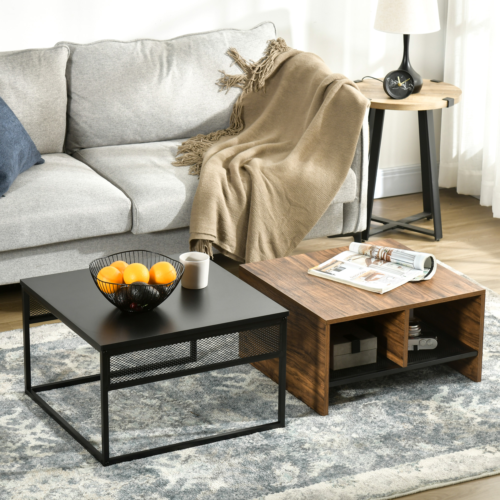 HOMCOM Coffee Table Set of 2, Industrial Nesting Tables, Square