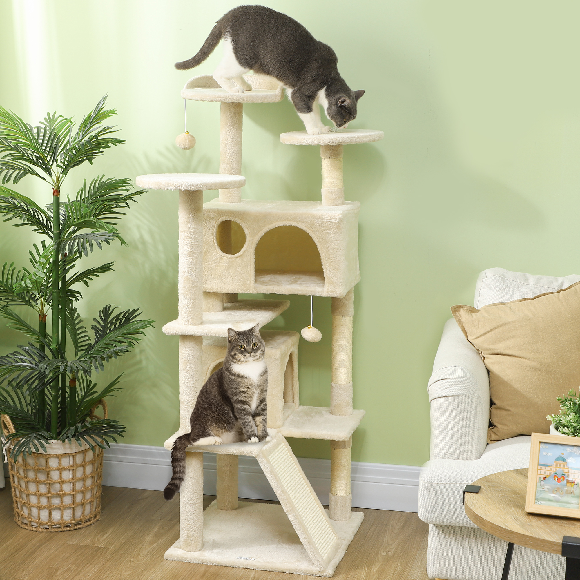 PawHut 54" Cat Tree, Multi-Level Cat Tower with Scratching Posts, Cat Condos, Bed, Platforms, Ramp, Toy Ball, Beige Aosom Canada