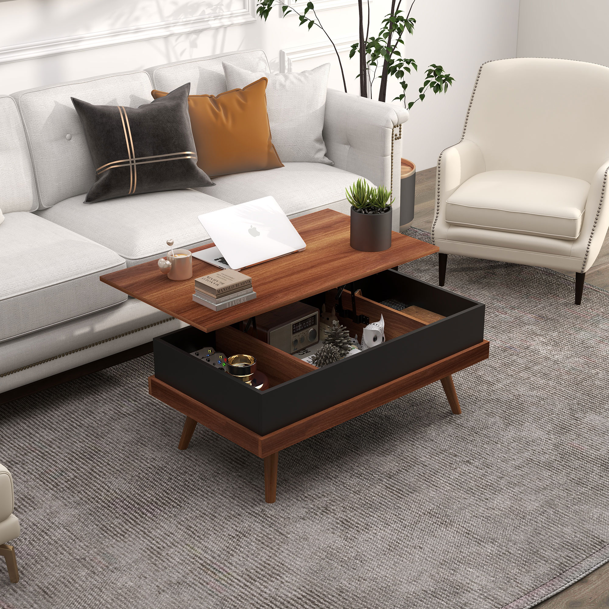 HOMCOM Lift-Top Coffee Table with Hidden Compartments, Sturdy Wood Construction, Rich Walnut Finish | Aosom.com 0